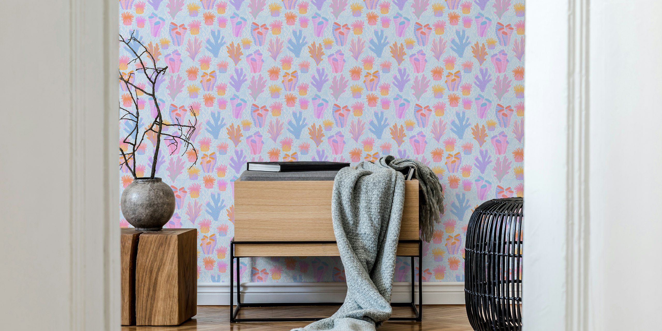 Pastel coral reefs wallpaper in a room