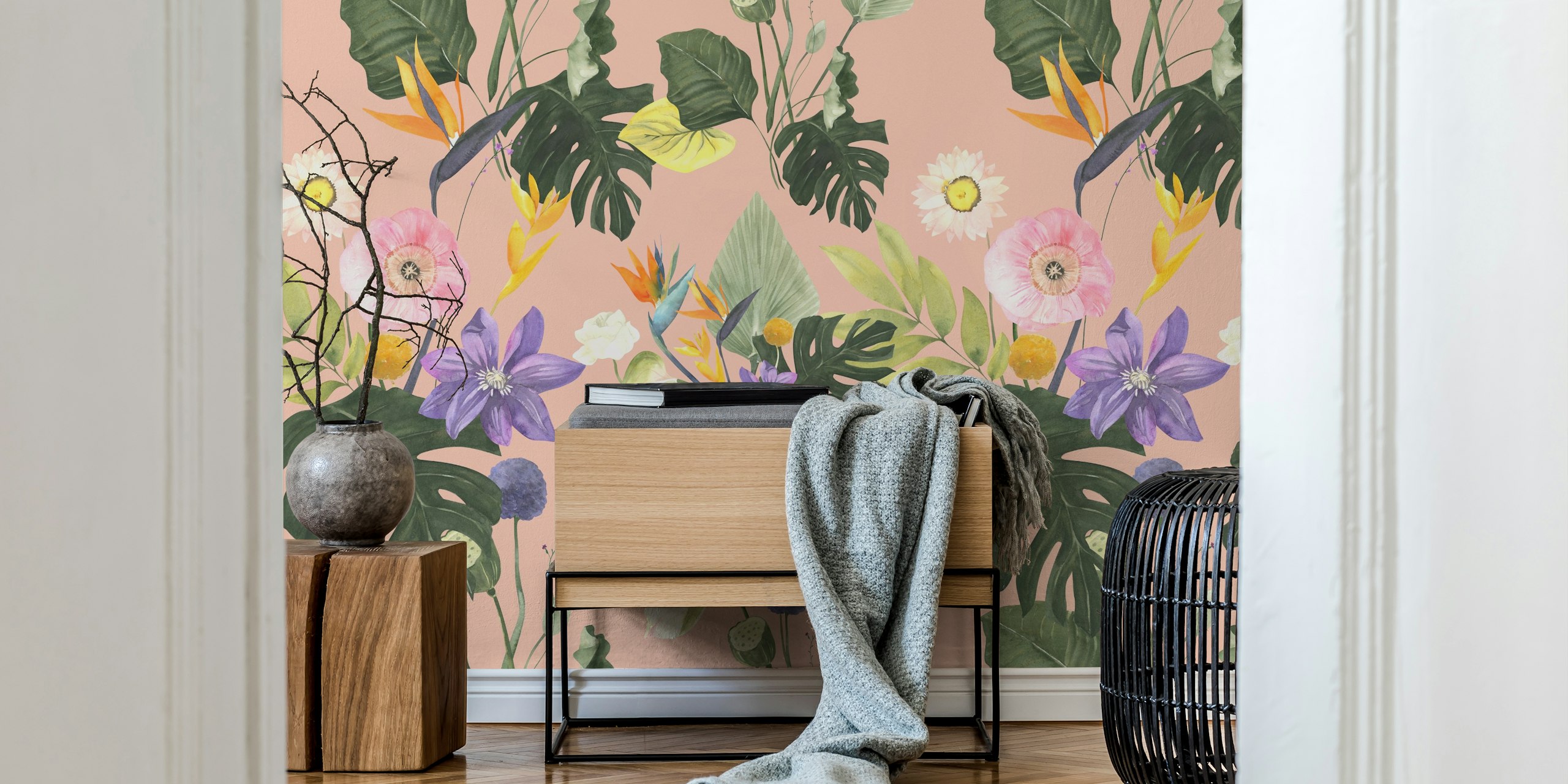 Tropical floral pattern on pink background, featuring colorful flowers and green leaves wallpaper