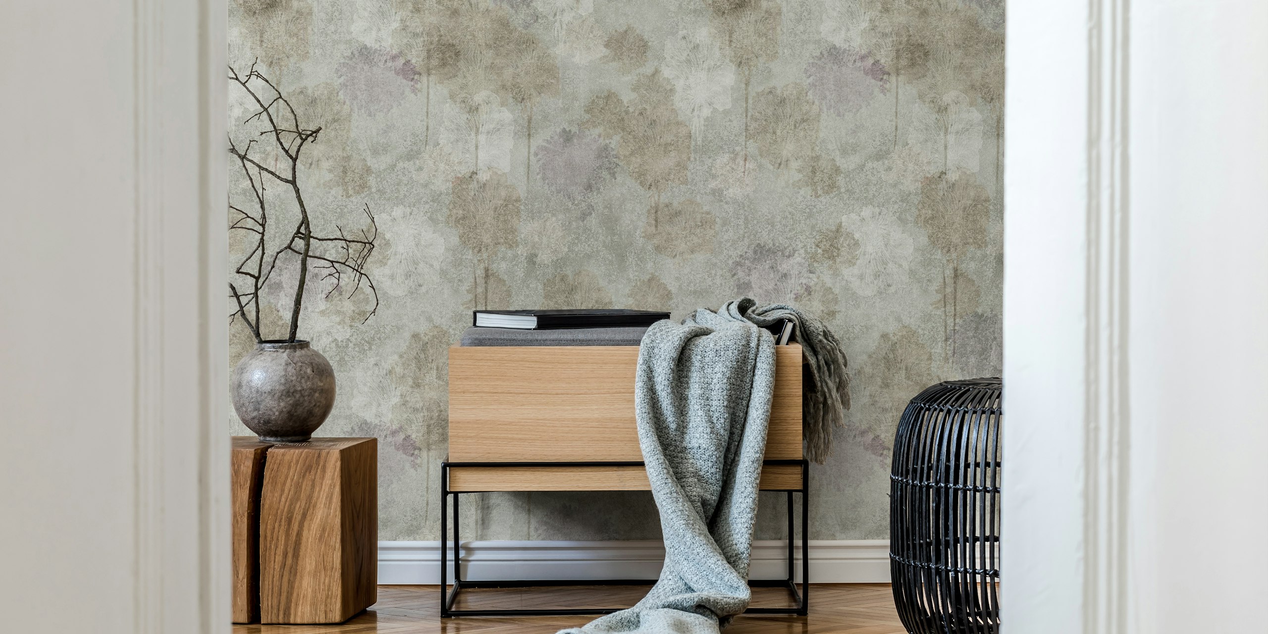 Soft gray and beige tree silhouettes with a dreamy effect wallpaper