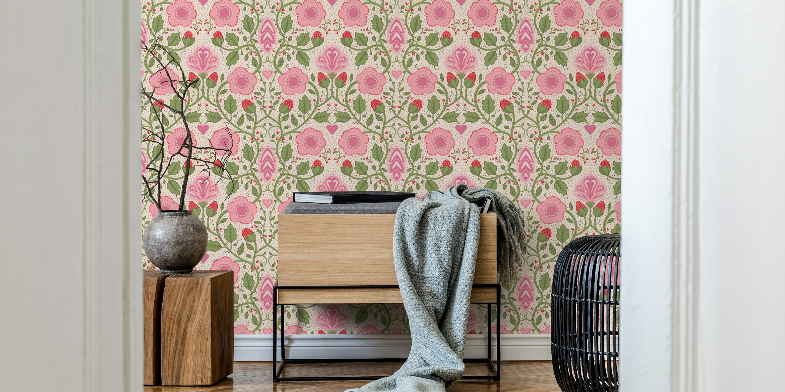 Rustic Floral Amour wallpaper design in a room