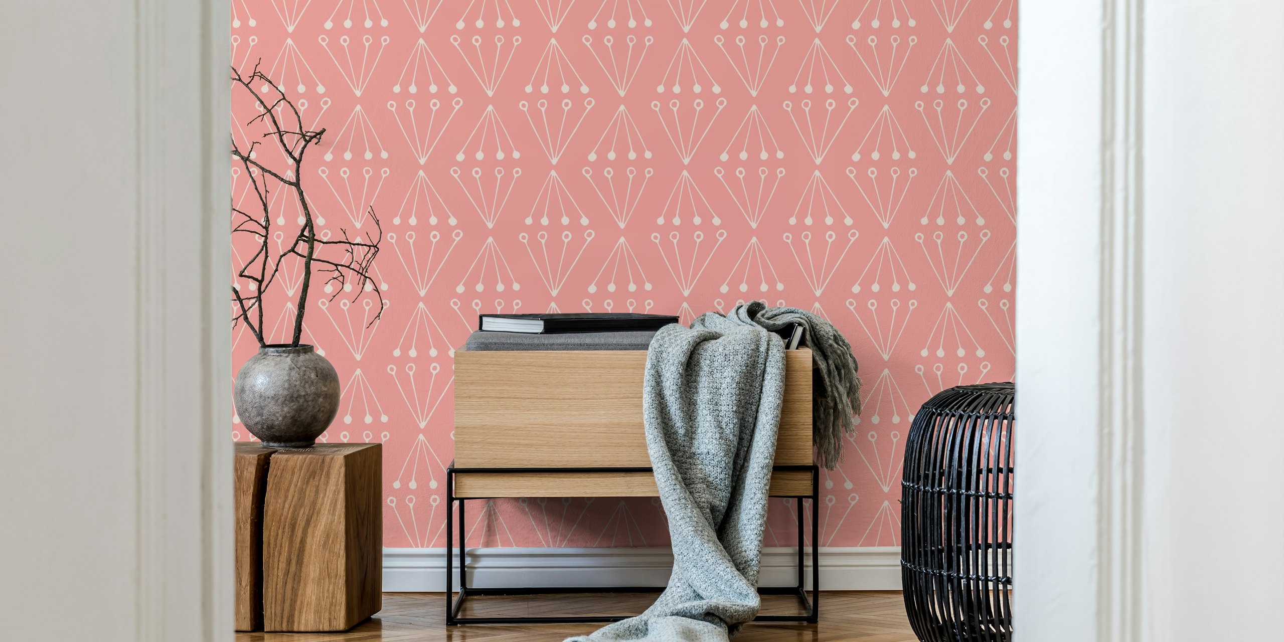 Geometric abstract pattern with pink background and cream shapes wallpaper