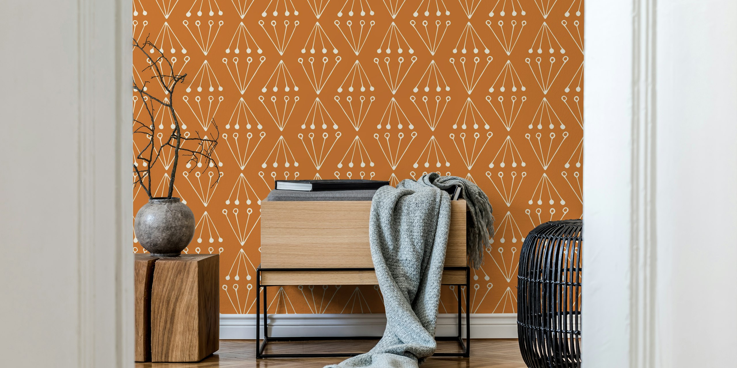 Abstract Modern Geo rust brown ταπετσαρία σε ένα δωμάτιο