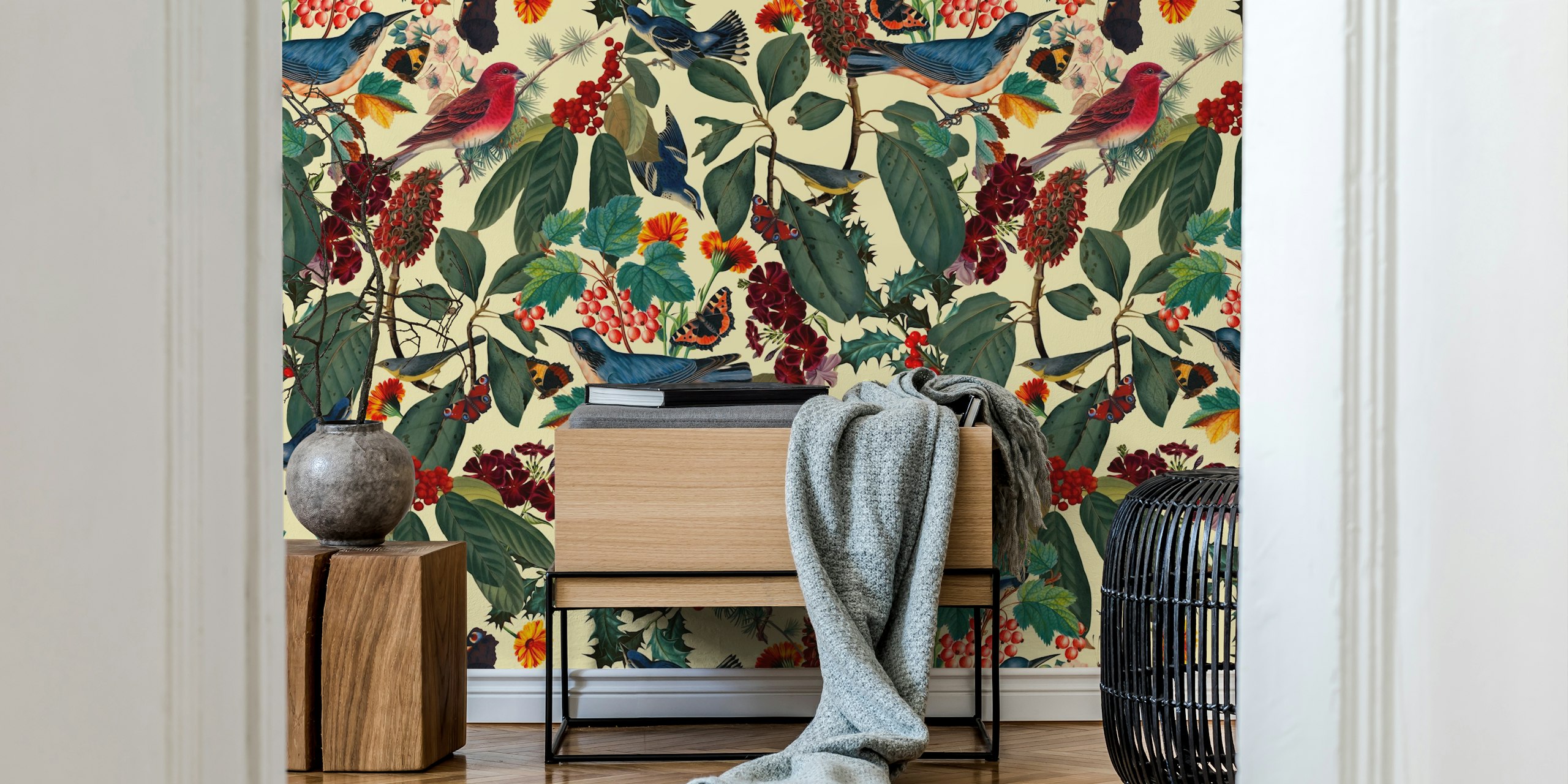 Colorful birds and flowers on a light background floral wallpaper