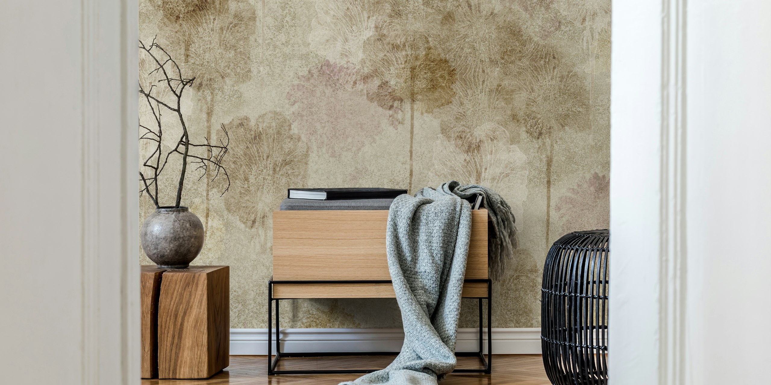 Muted floral tree silhouettes in beige and pastel shades wallpaper