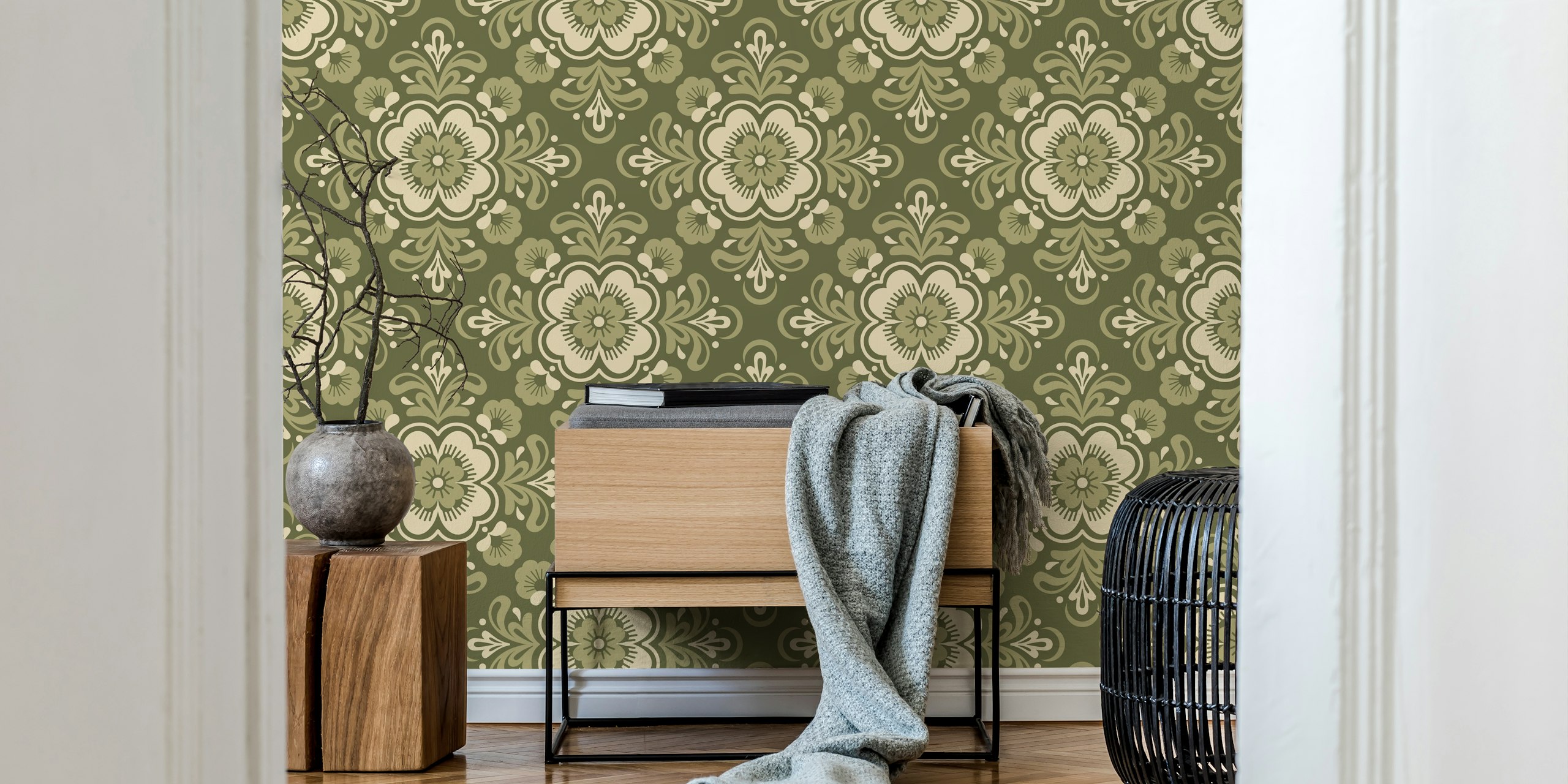 Ornate Floral Mandalas Pattern tapet i sage green