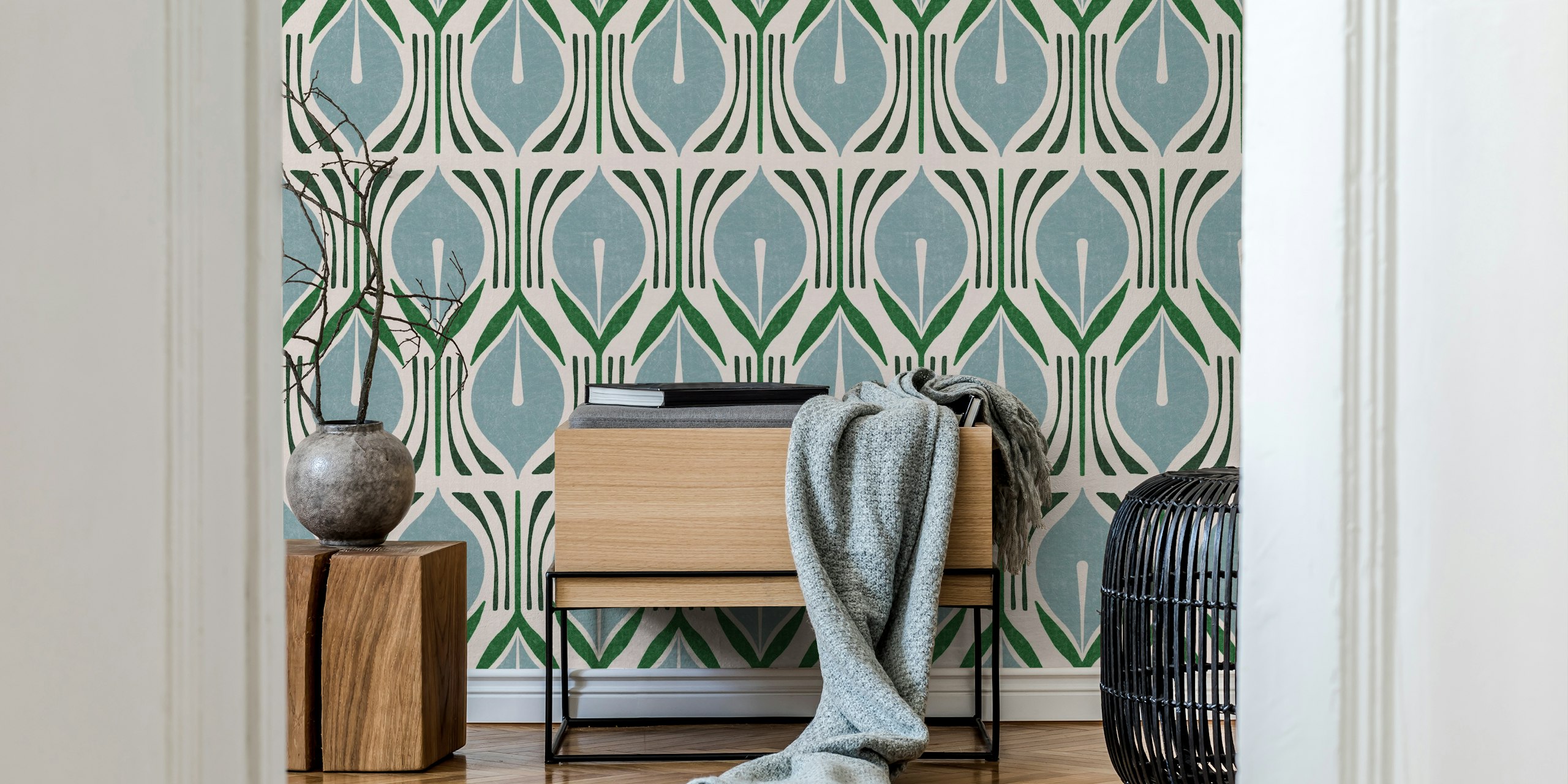 Papel pintado Tamerlan azul en un ajuste de habitación
