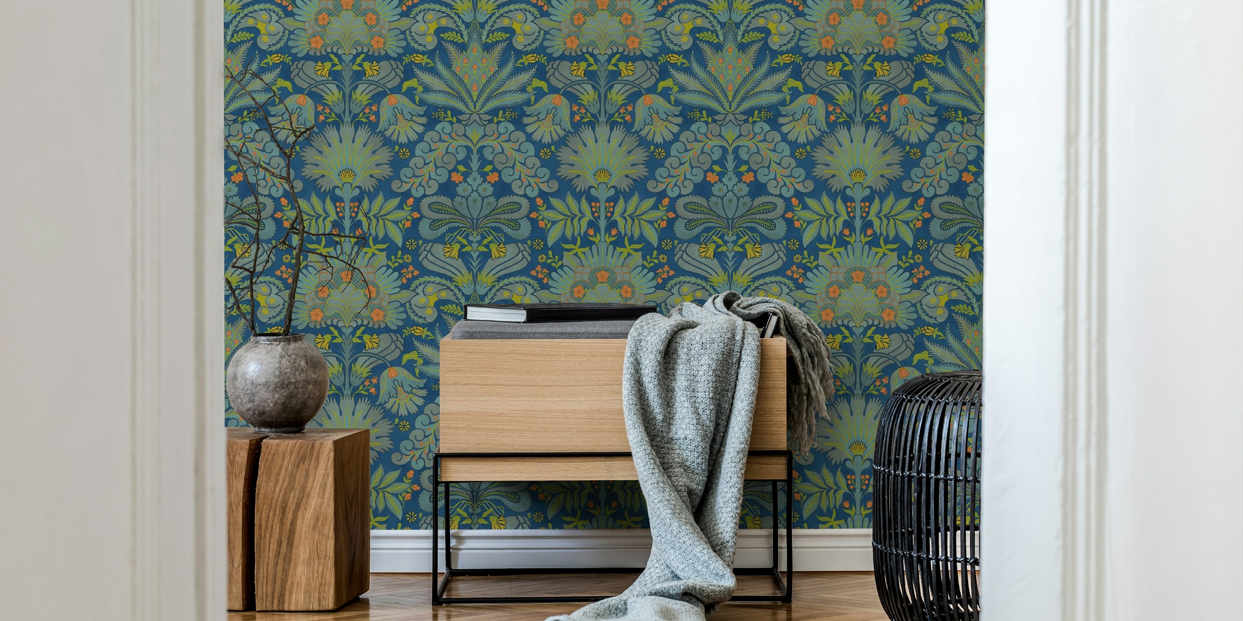 Floral damask pattern in cobalt blue, apple green, and orange wallpaper