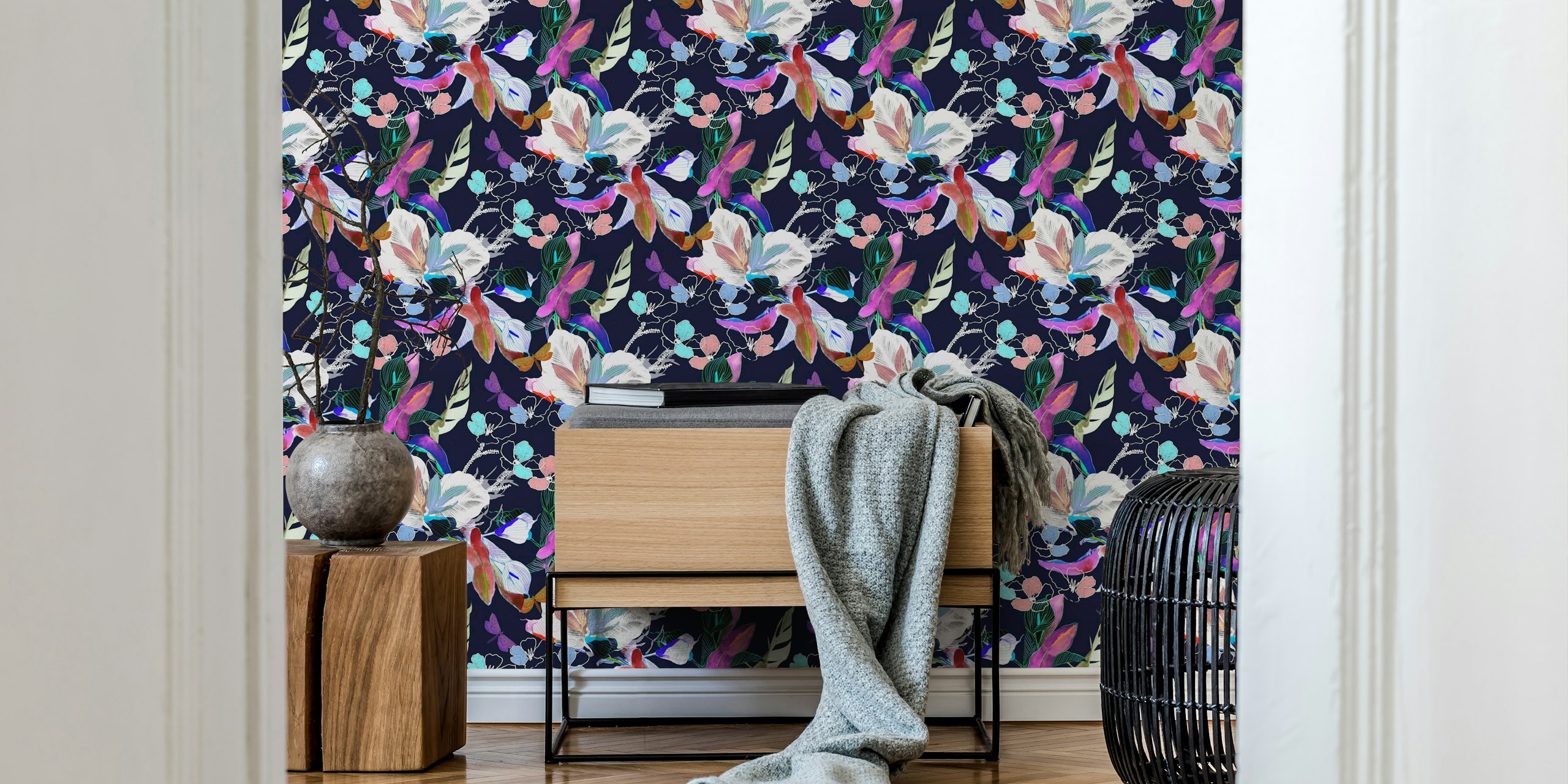 Colorful blooming flowers on navy background wallpaper