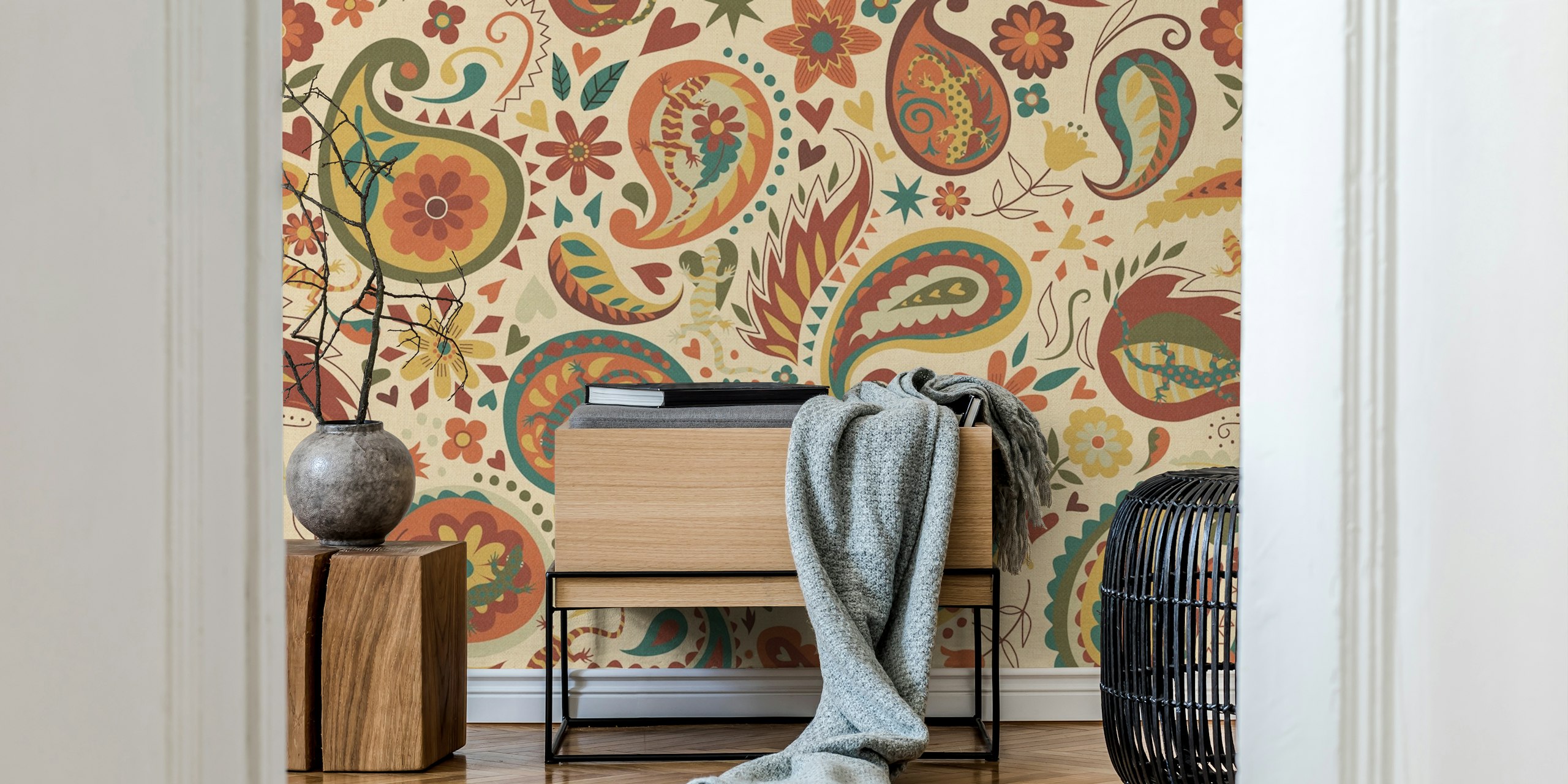 Bohemian floral wallpaper featuring paisley lizard design