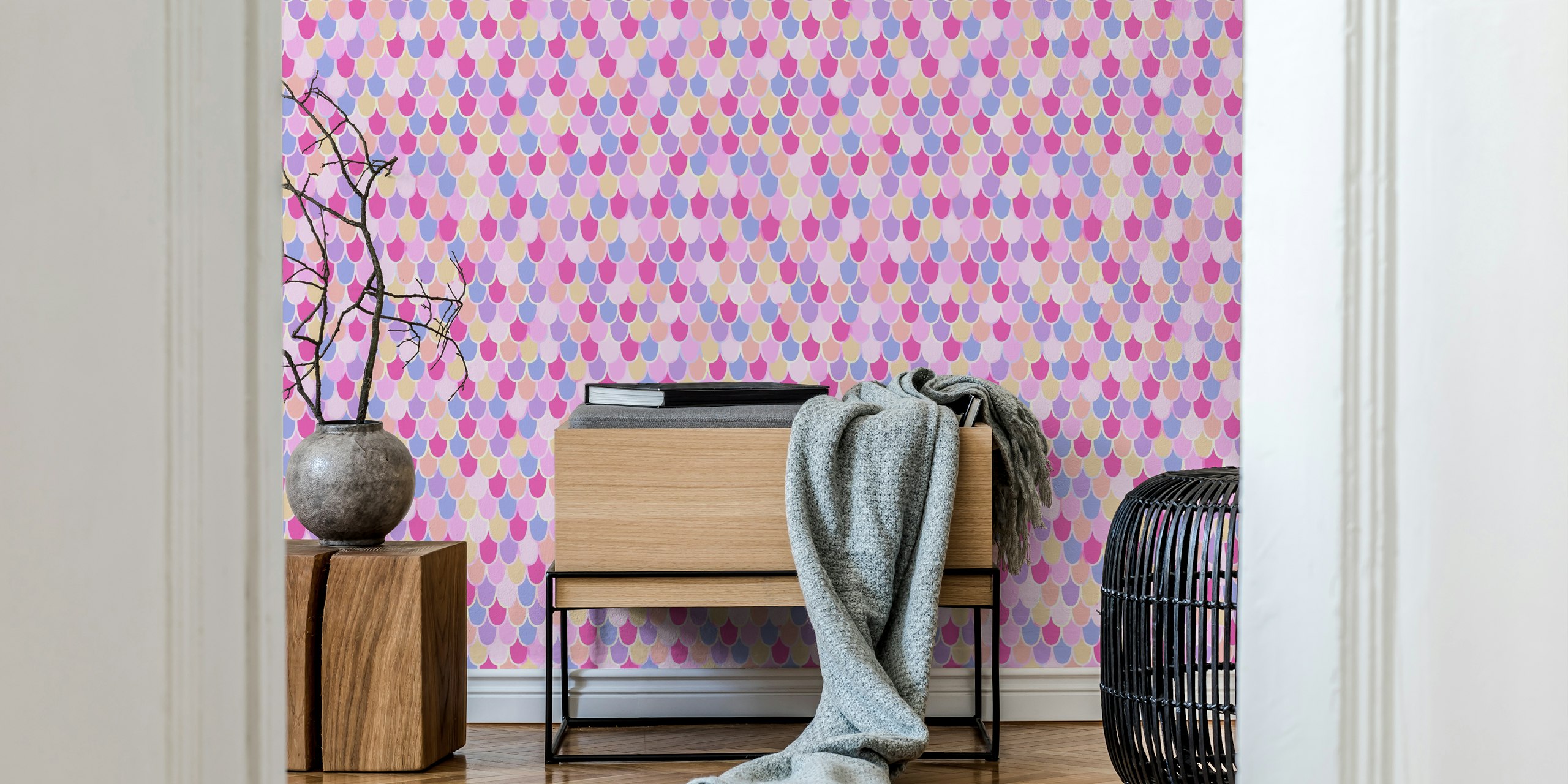 Pastel mermaid scale pattern in pink, purple, and blue colors wallpaper