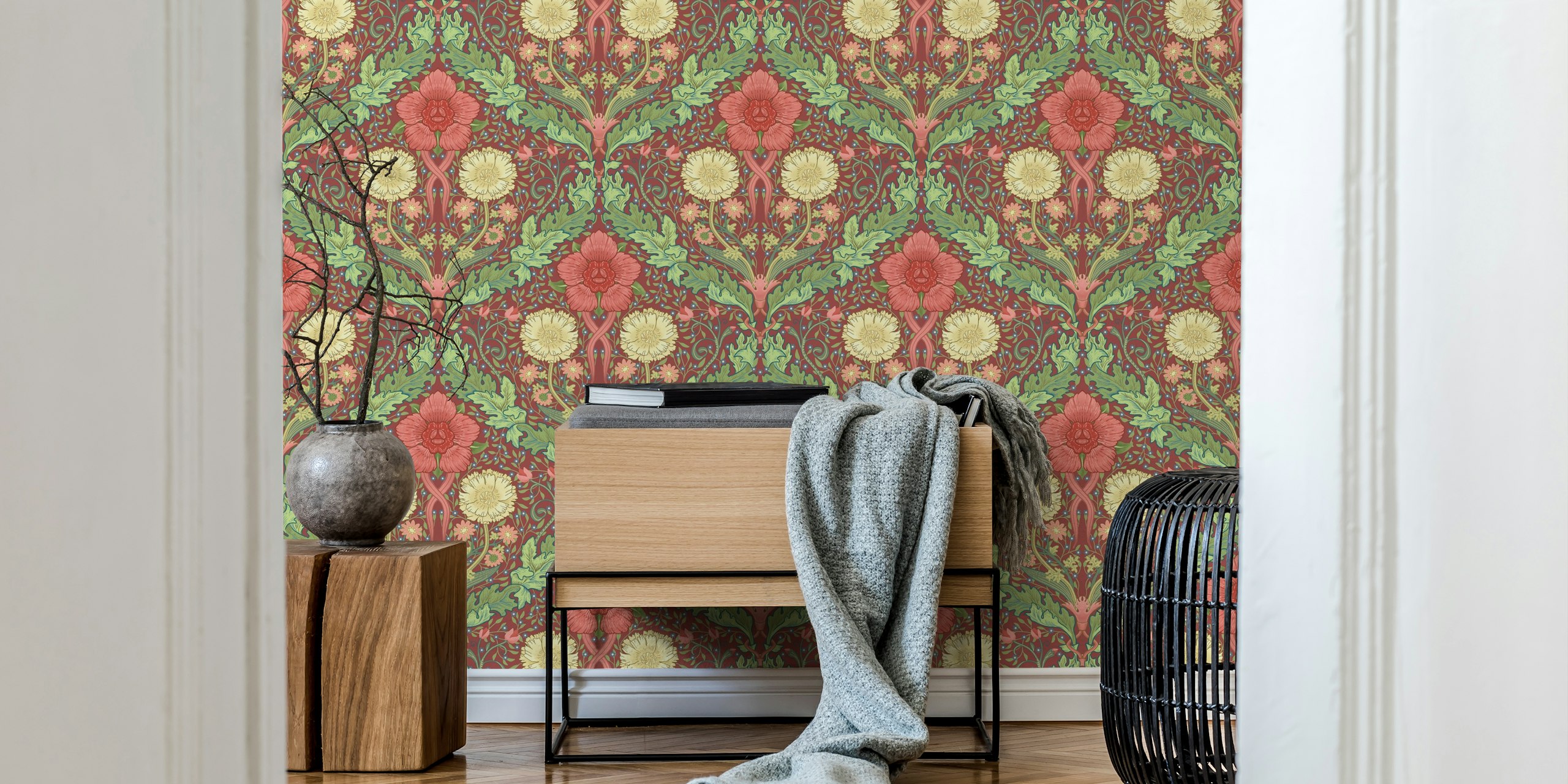 Intricate floral design with red and yellow flowers and green foliage wallpaper