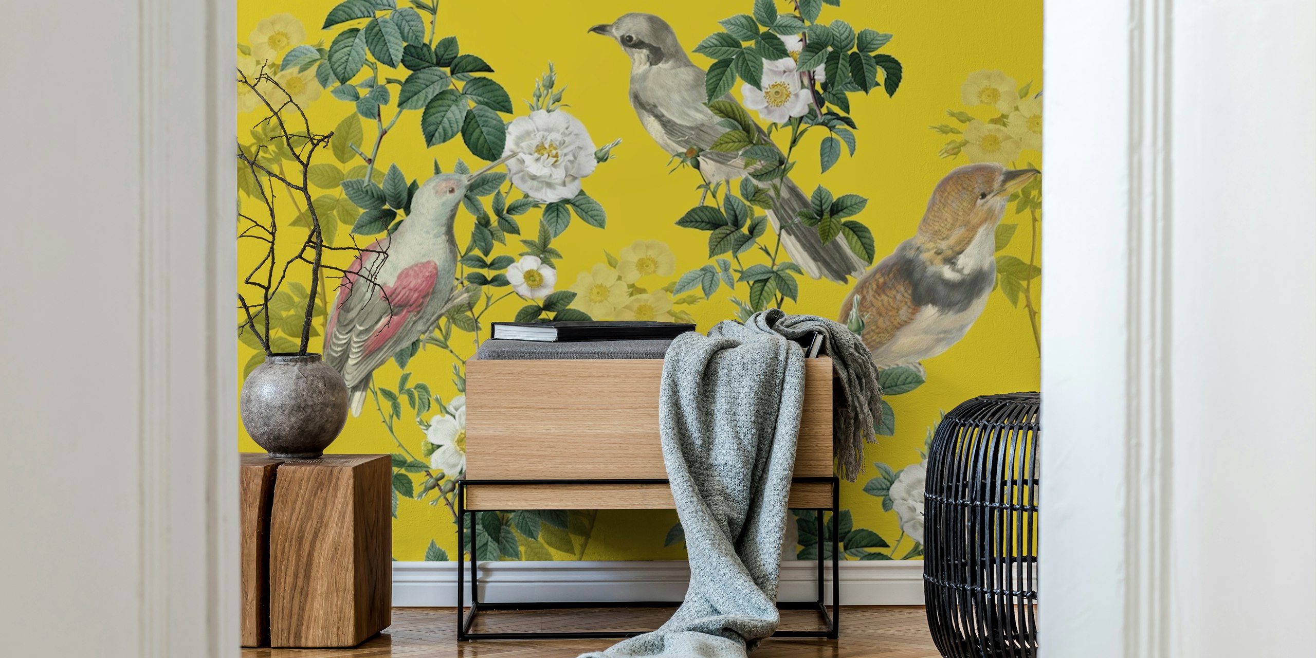 Floral and bird wallpaper design in a room