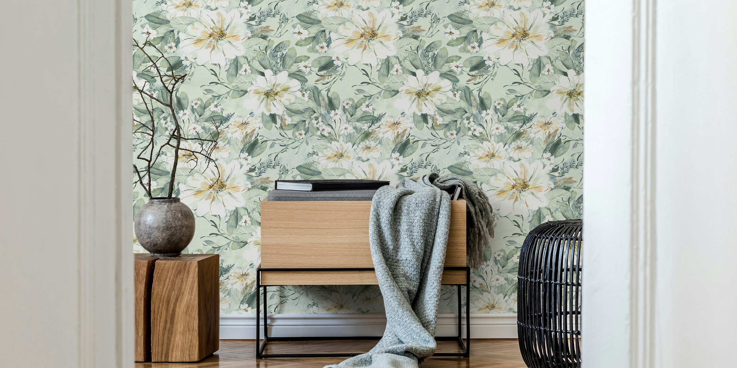 Hand-painted watercolor floral wallpaper in a room