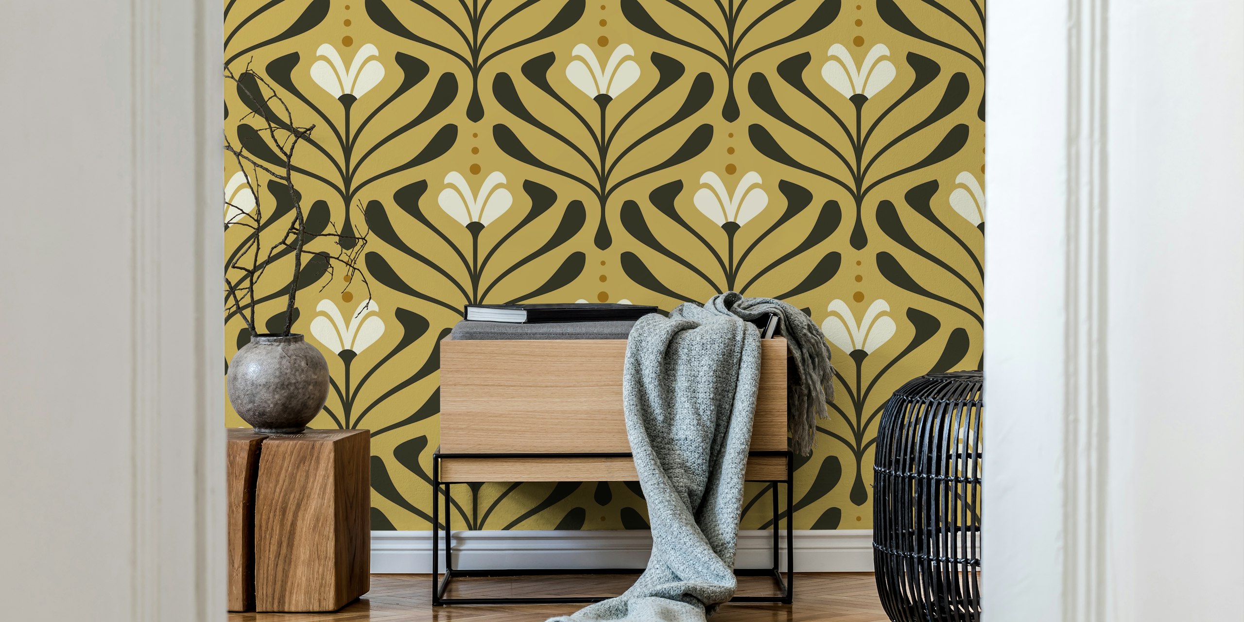 Vintage retro bloom flourish wallpaper in a room