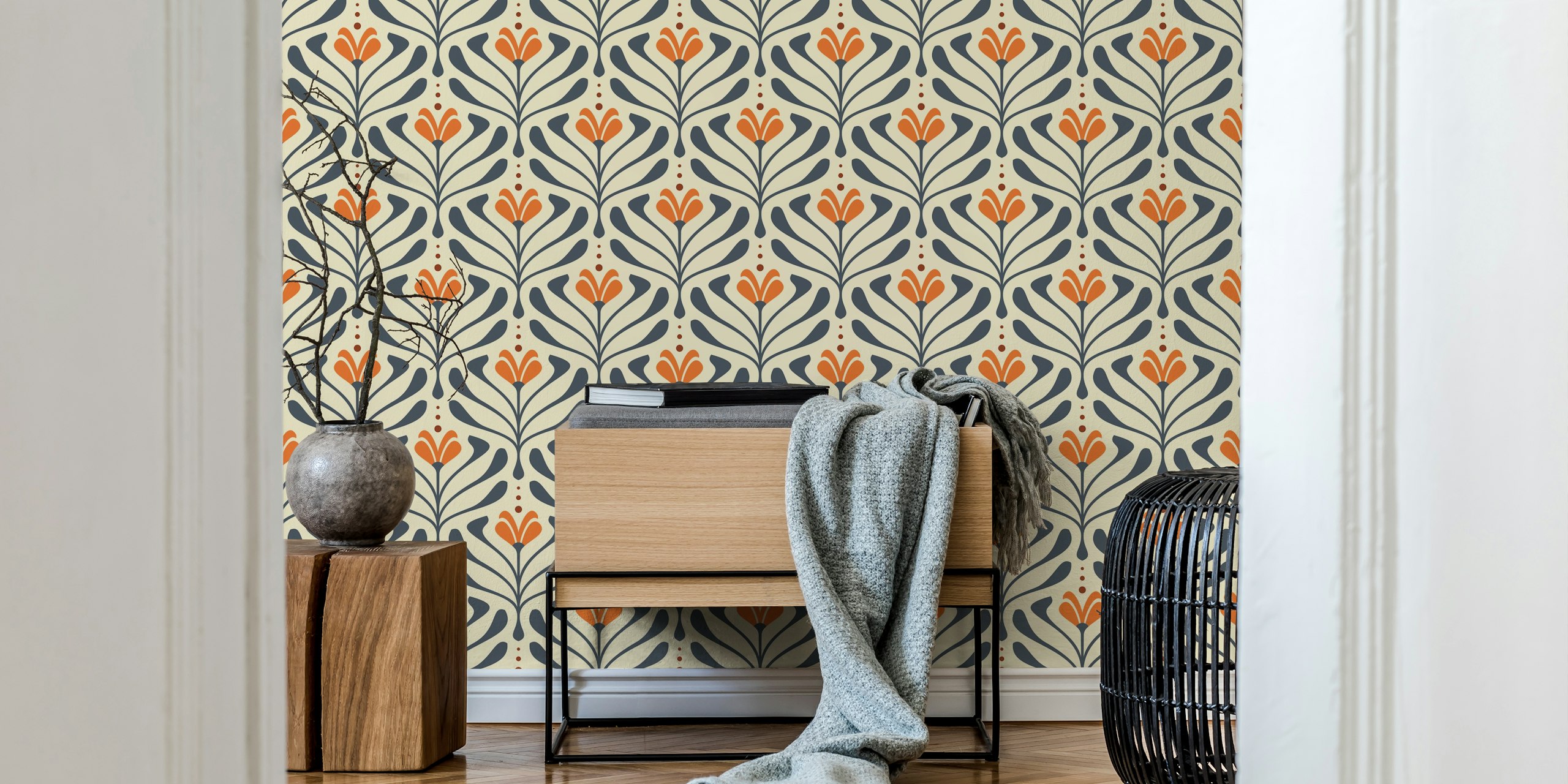 Vintage Retro Bloom Flourish Gray Orange wallpaper