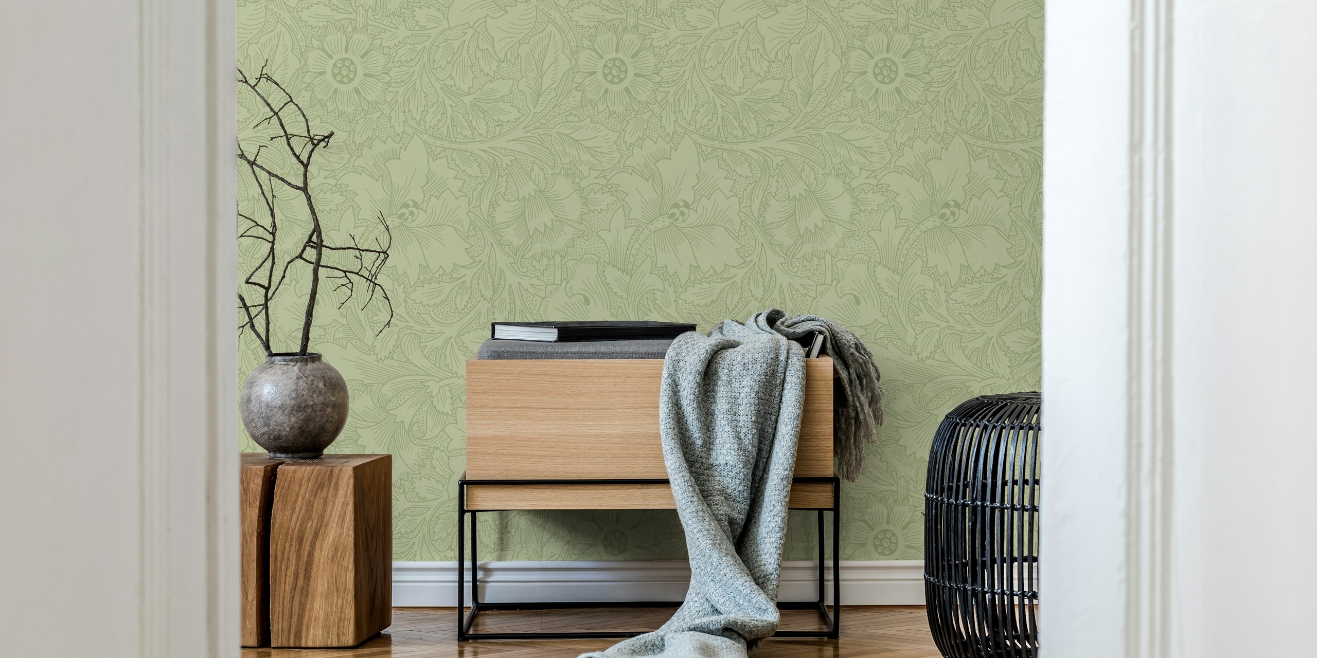 Poppy floral pattern on soft green background wallpaper