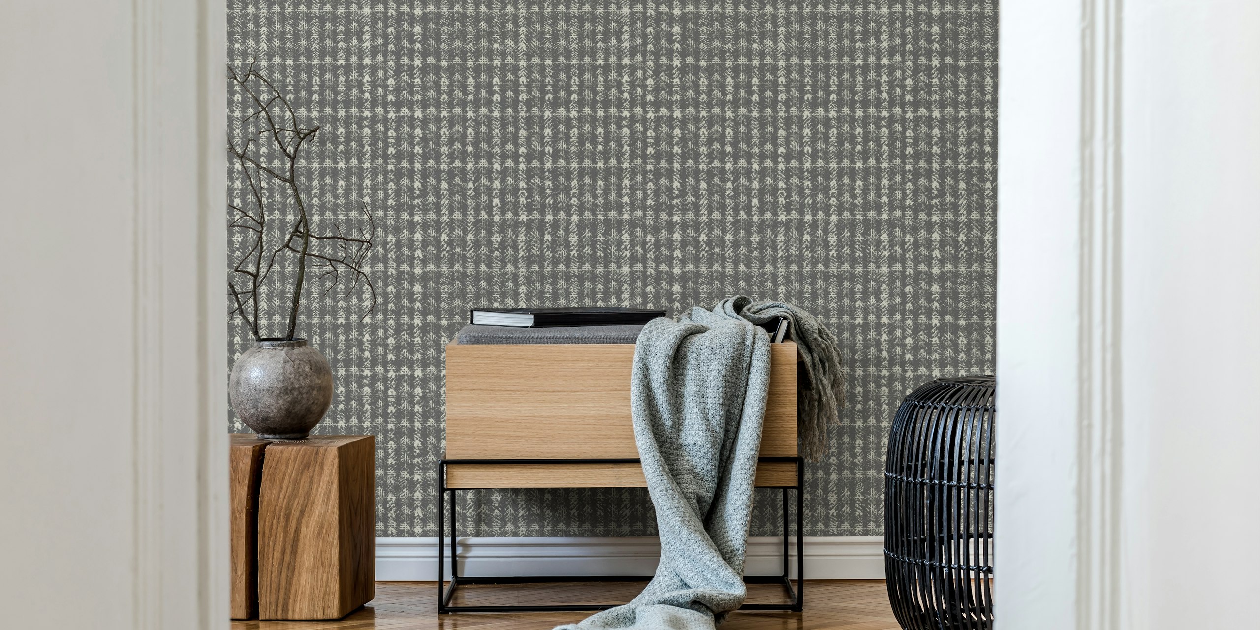 Timeless classic tweed mill charcoal wallpaper in a room
