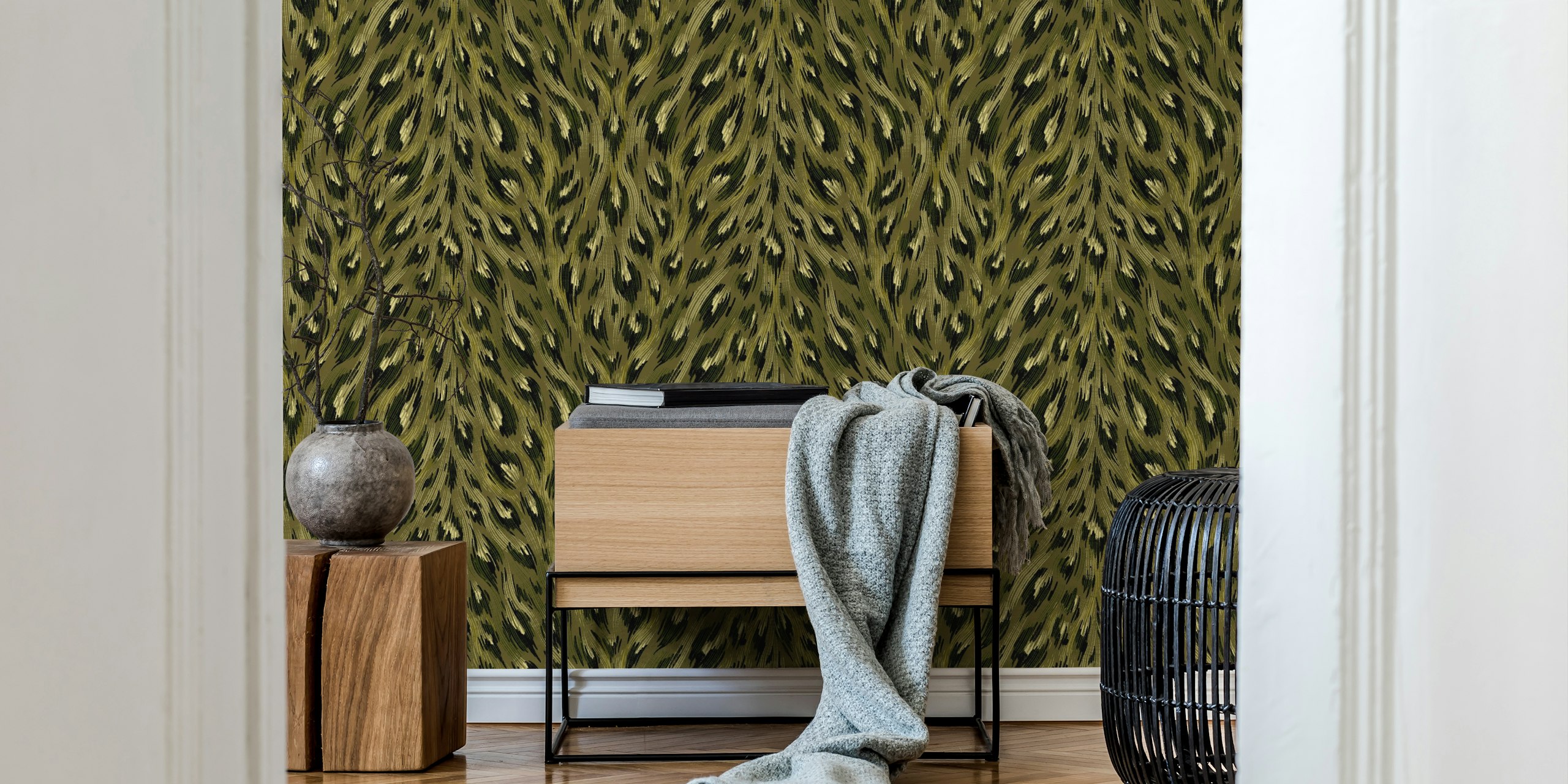 Olive green leopard print wallpaper in a room