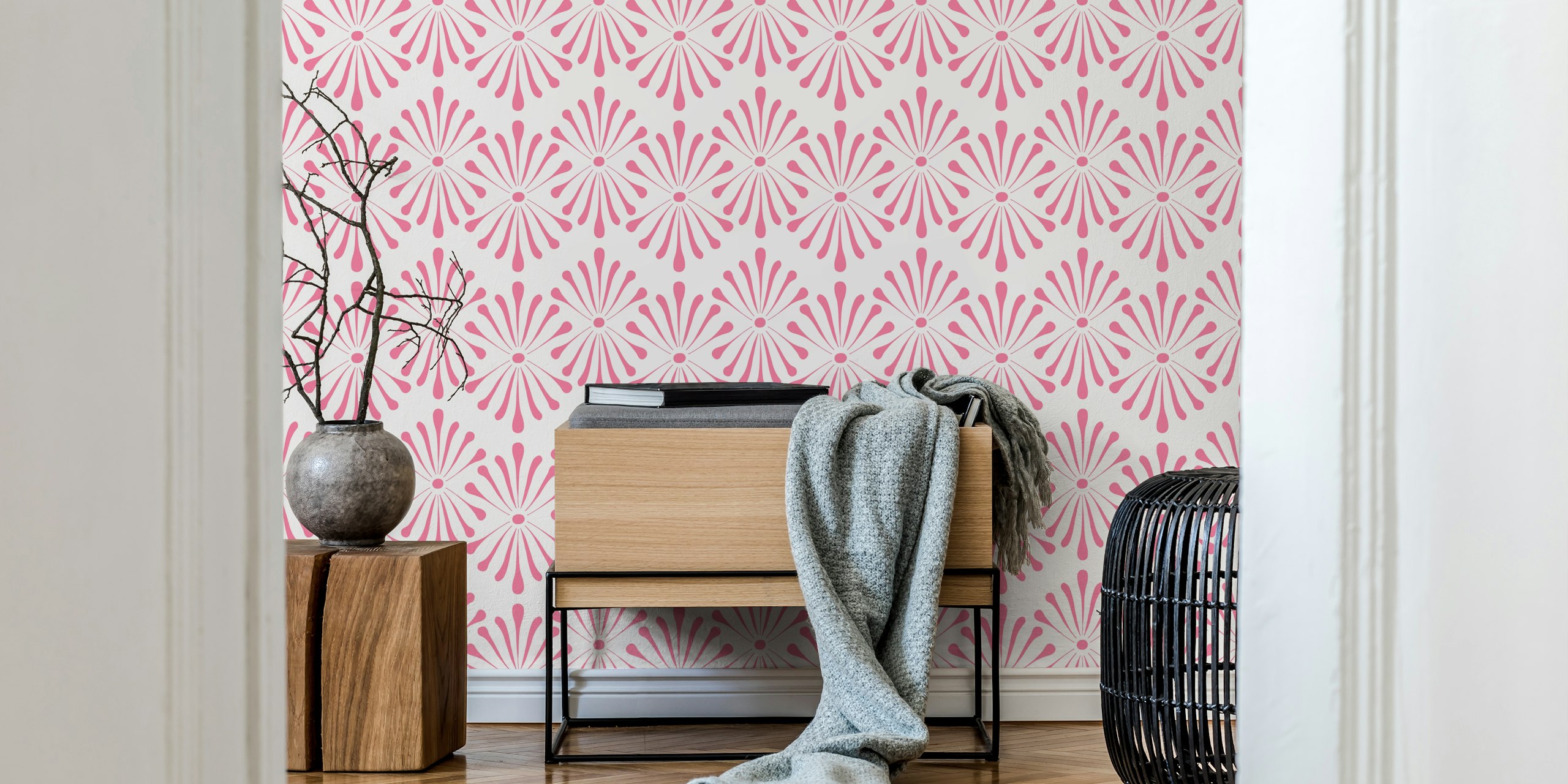 Pink floral pattern on beige background wallpaper