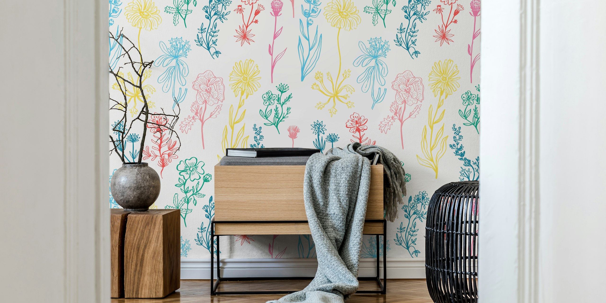 Botanical Pastel Wildflowers wallpaper in a room