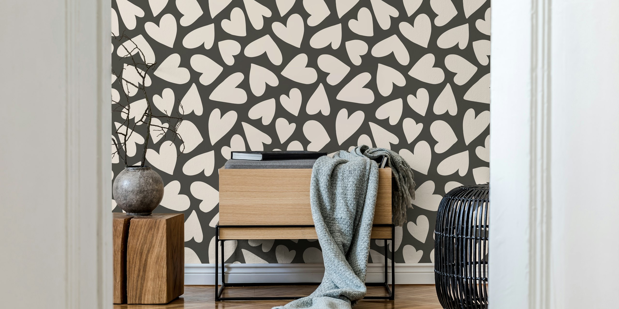 Heart shapes in cream on a dark gray background wallpaper