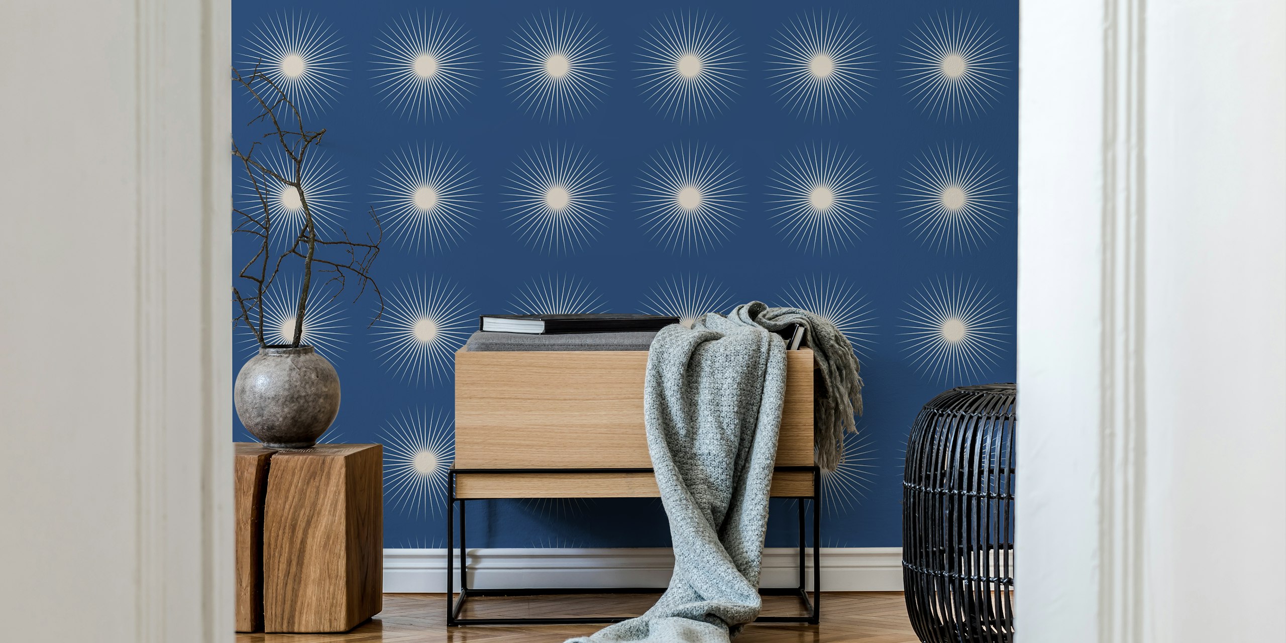 Elegant sunburst wallpaper in deep blue
