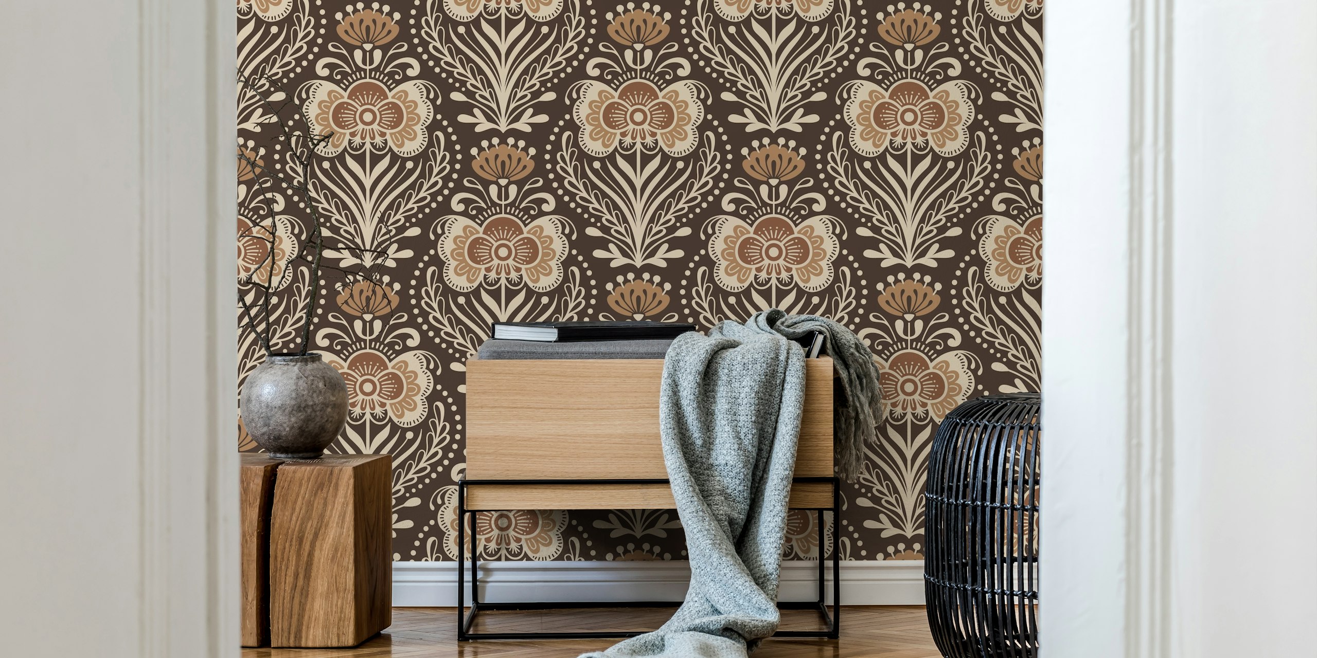 Brown vintage floral pattern wallpaper