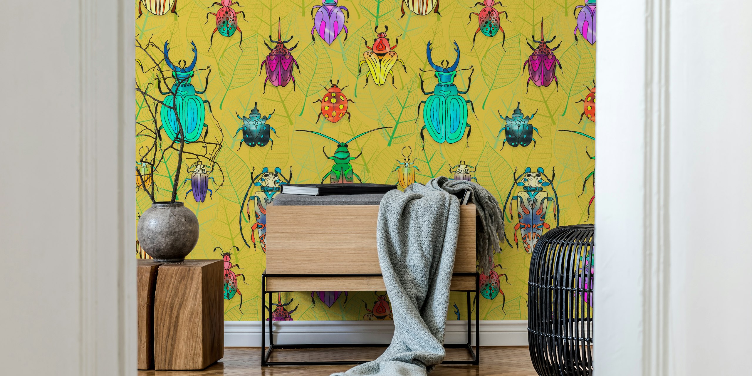 Colorful beetles with yellow background leaf pattern wallpaper