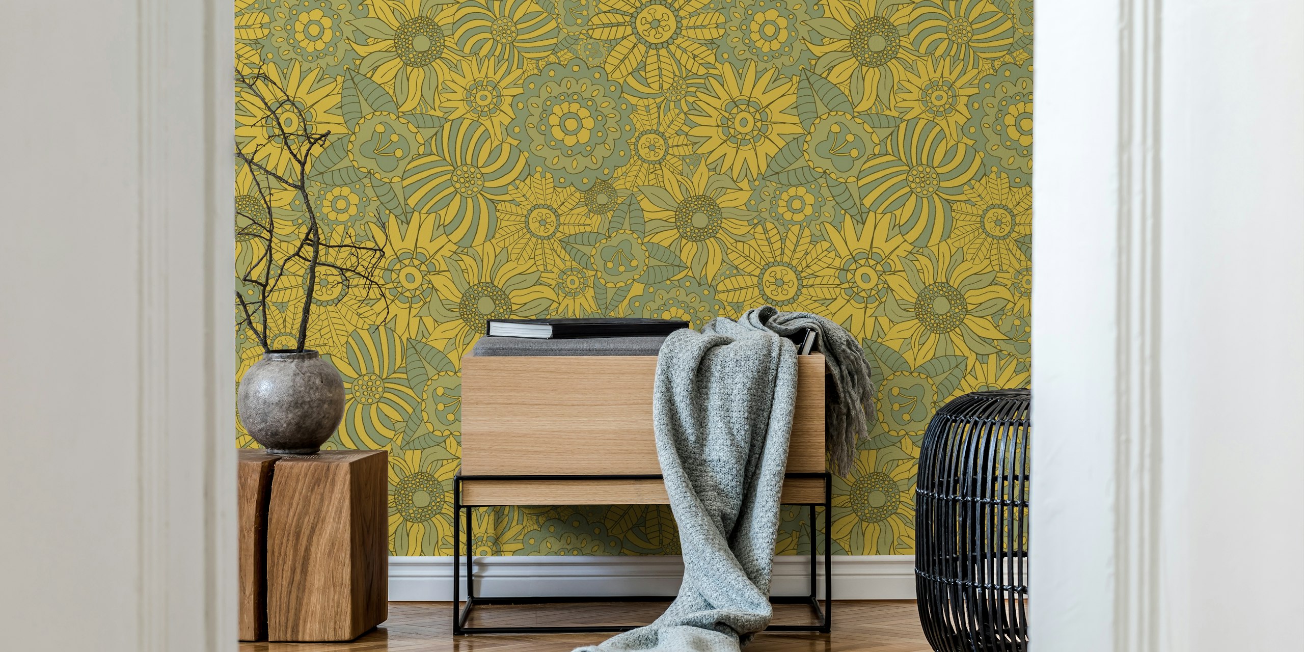 Maximalist retro flowers wallpaper in a room
