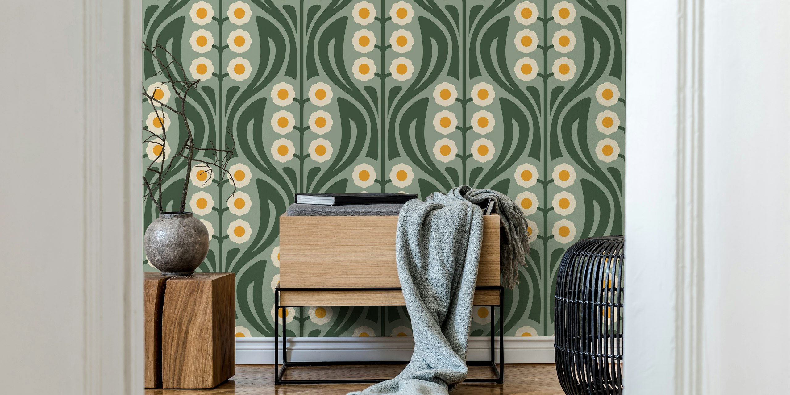 Papier peint Vintage Retro Daisy Harmony Green dans une pièce