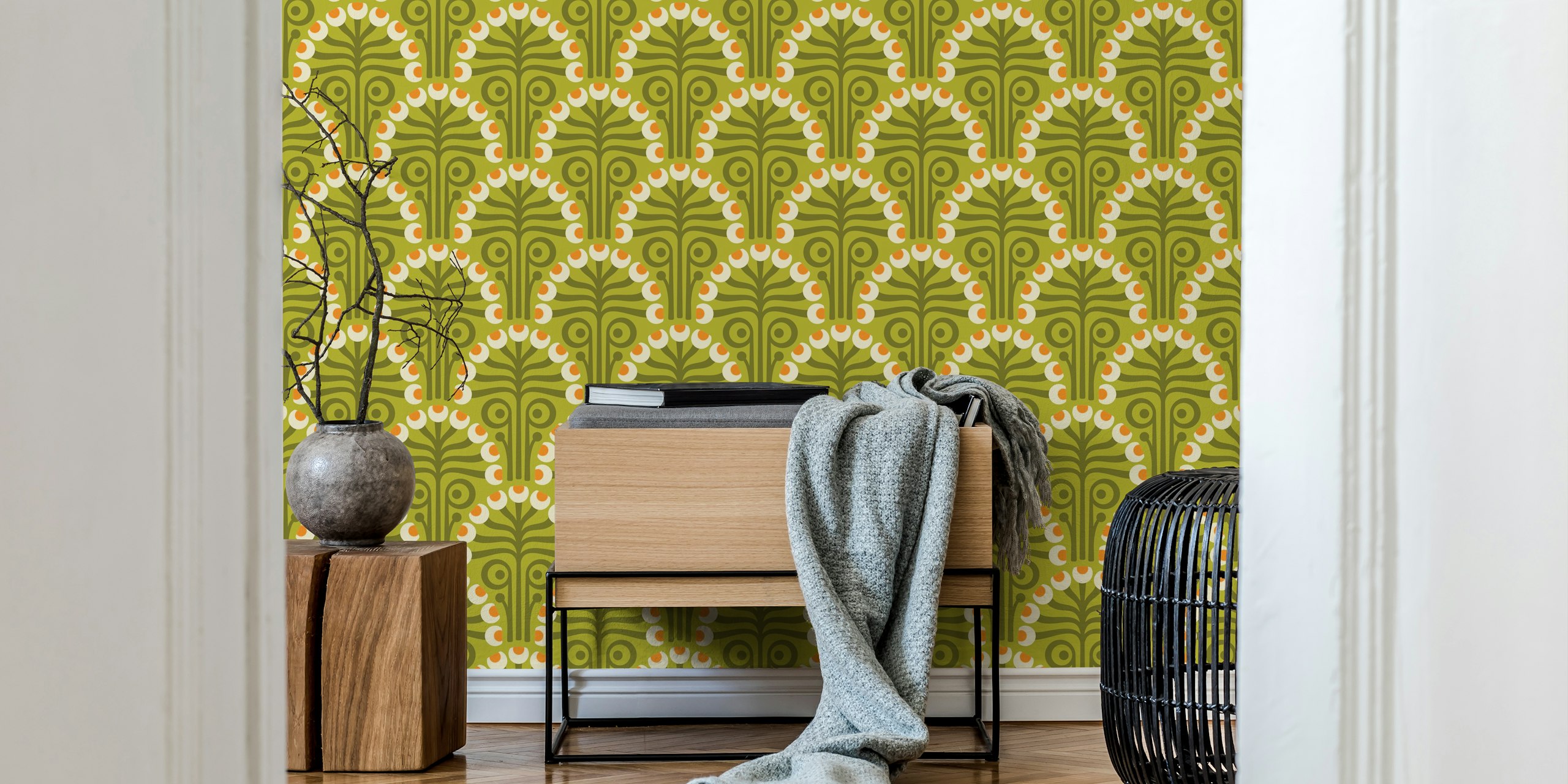 Vintage Botanical Retro Scallop Green tapet