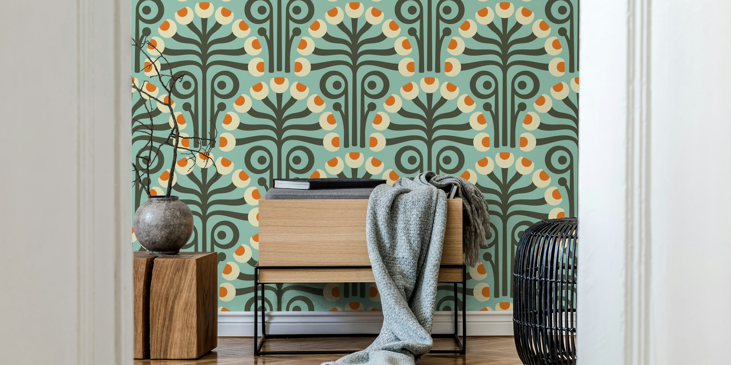 Turquoise vintage floral wallpaper with orange and cream patterns