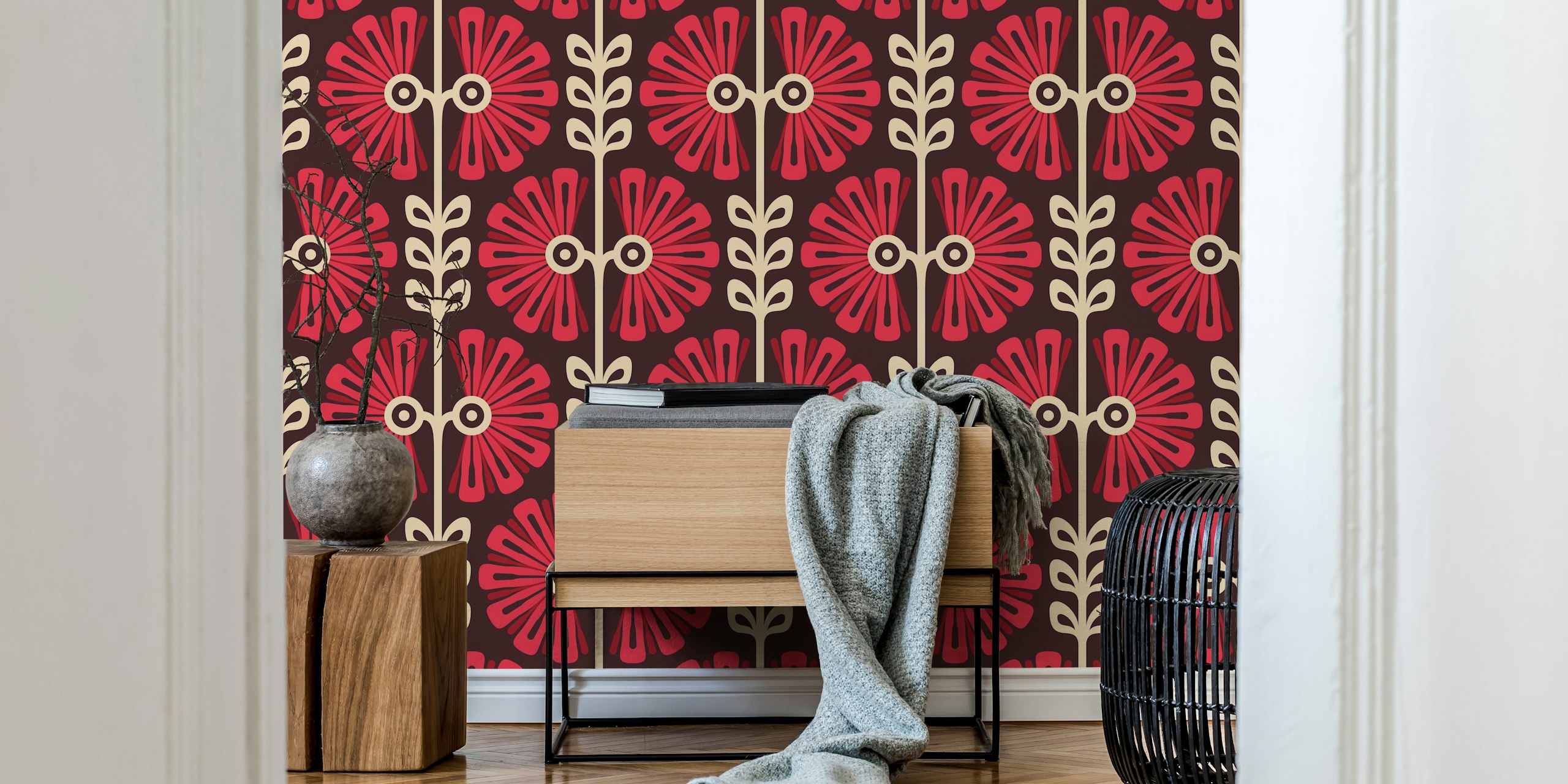 Vintage Bold Daisy Symphony in Red tapet i et rum