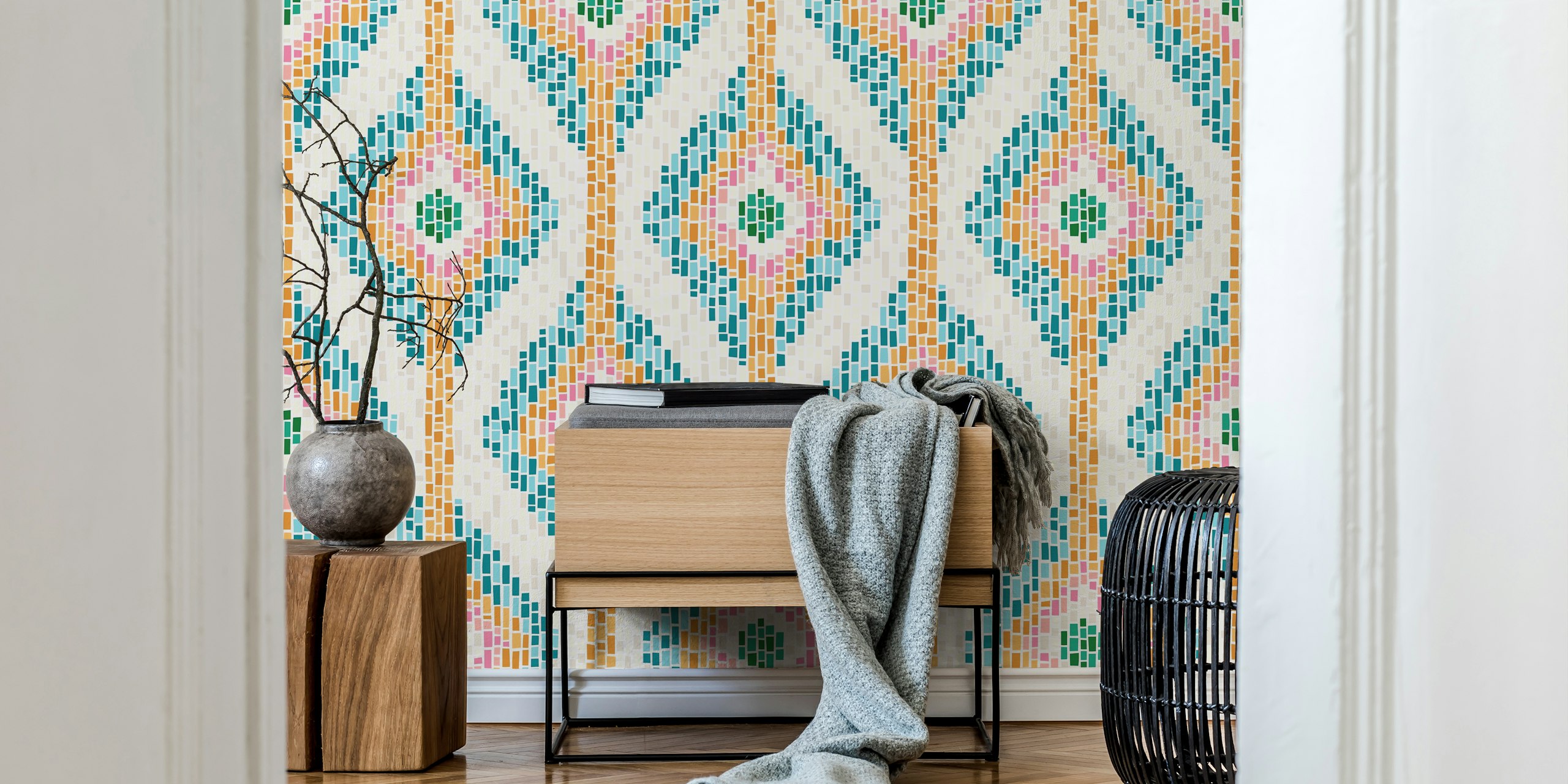Colorful diamond tile pattern in blue, pink, and orange wallpaper