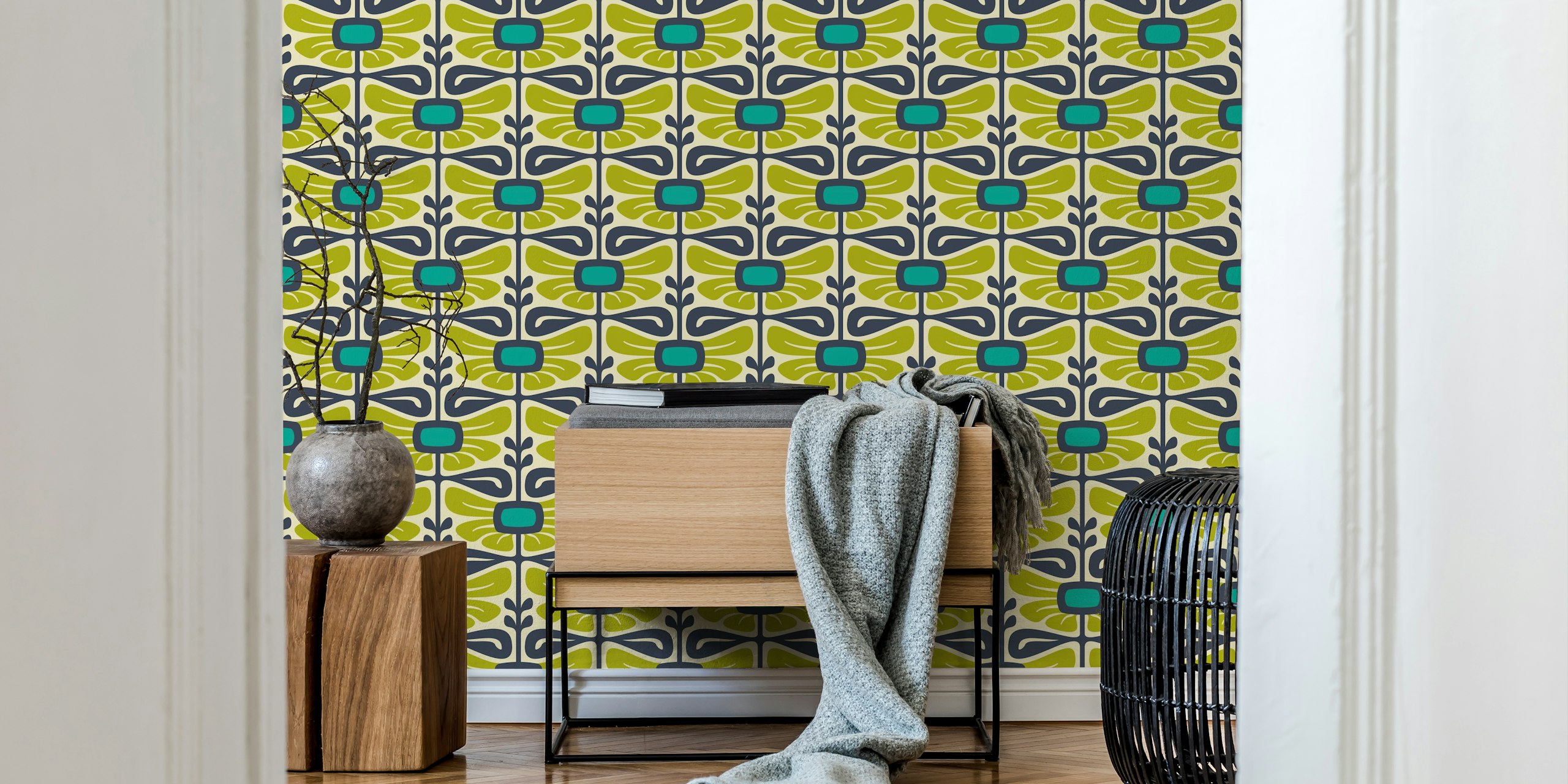 Vintage elegant floral wallpaper in green tones
