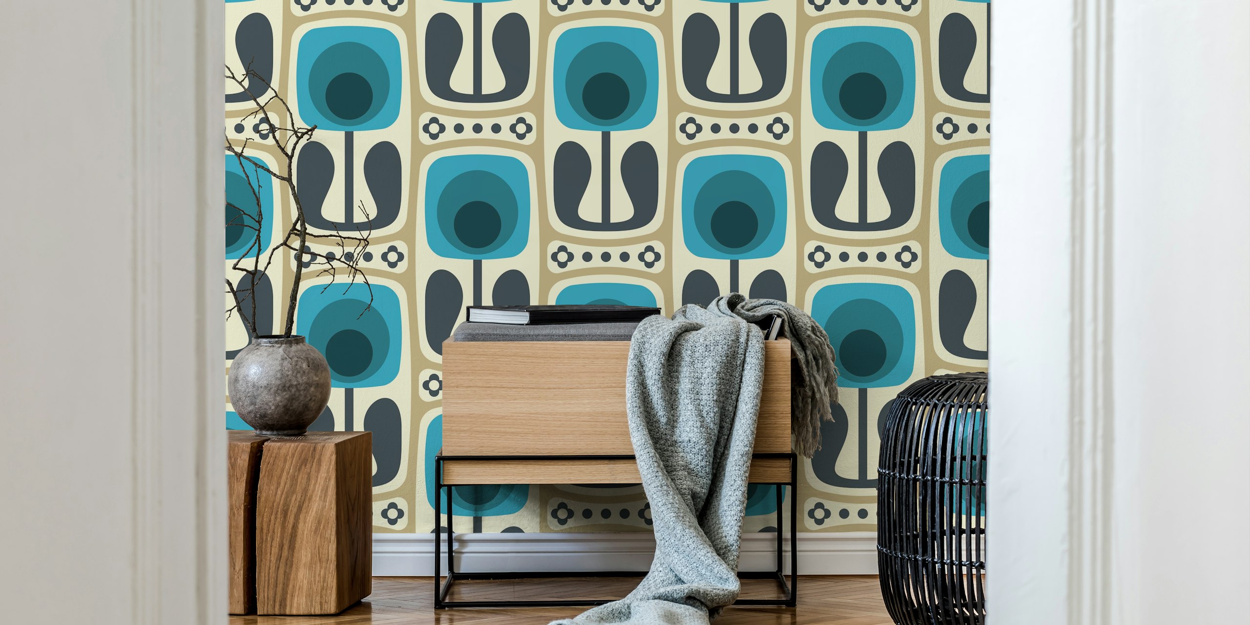 Retro floral design in blue and gray tones wallpaper