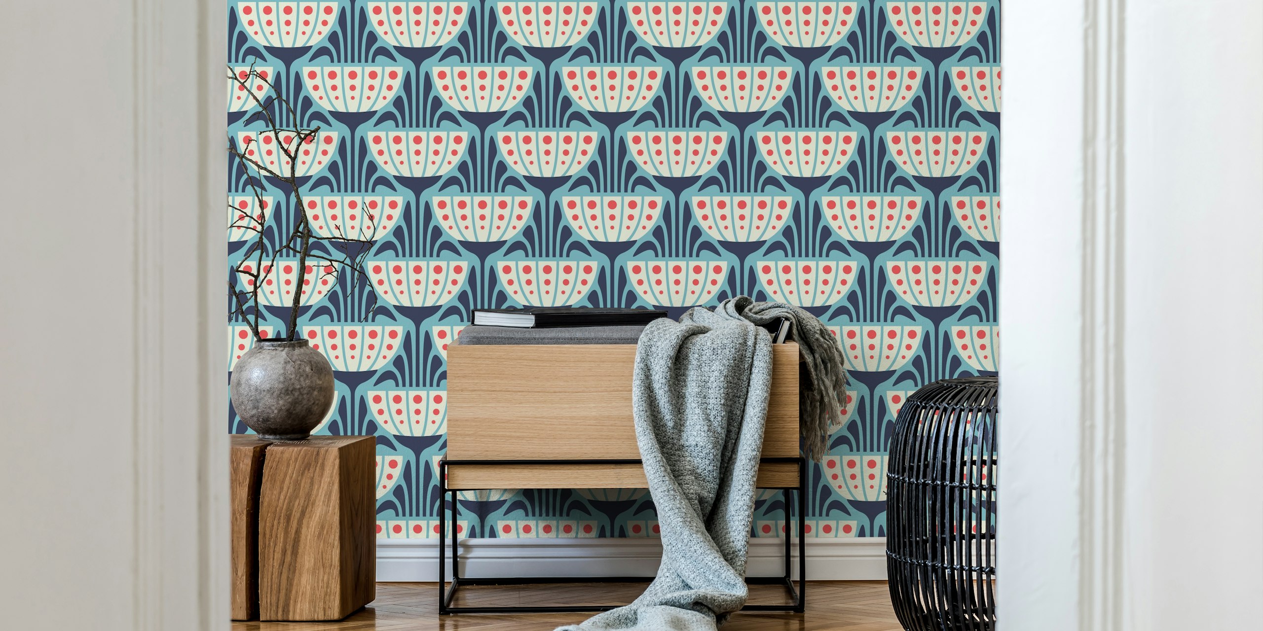 Floral pattern in blue and red with mid-century style wallpaper