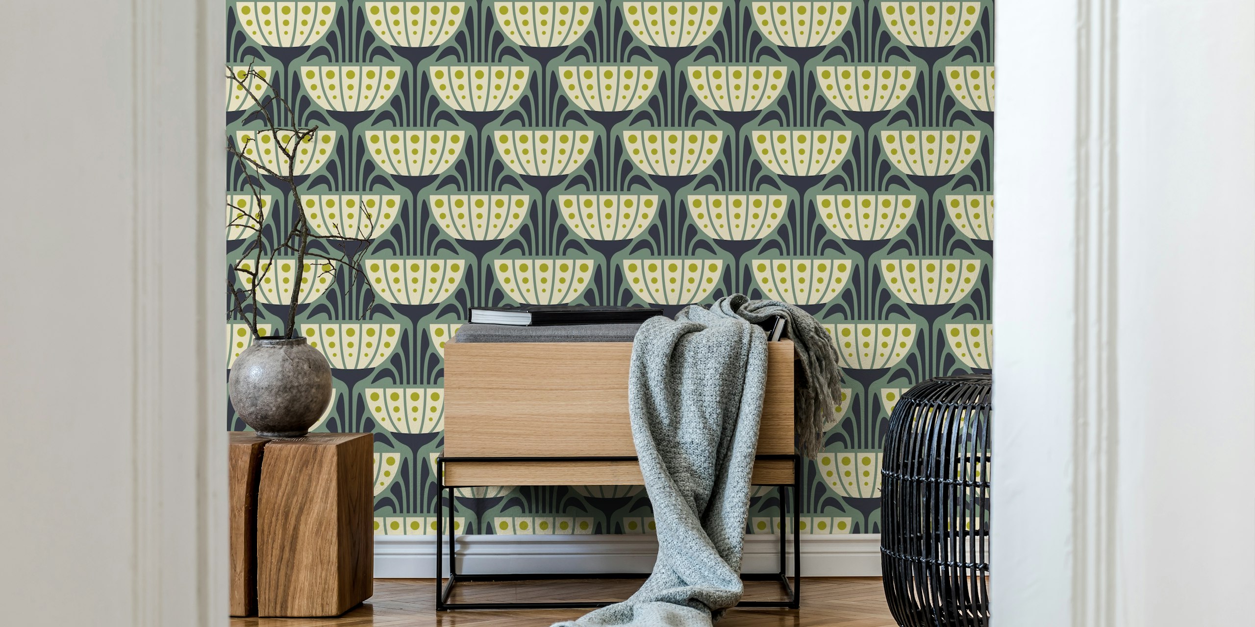 Mid-Century Blossoms in Green tapettimalli