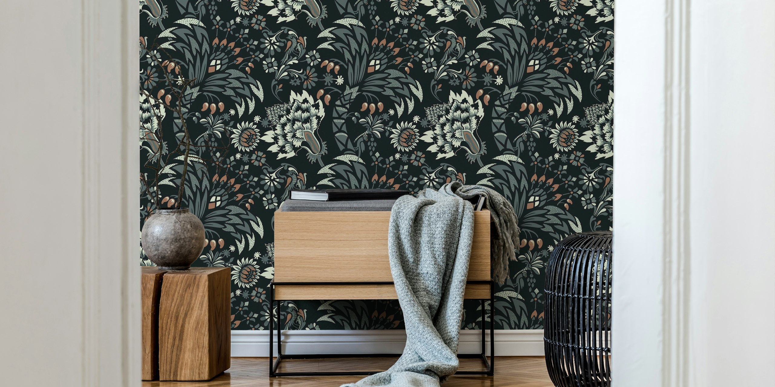 Dark mocha floral wallpaper with intricate leaves and blossoms