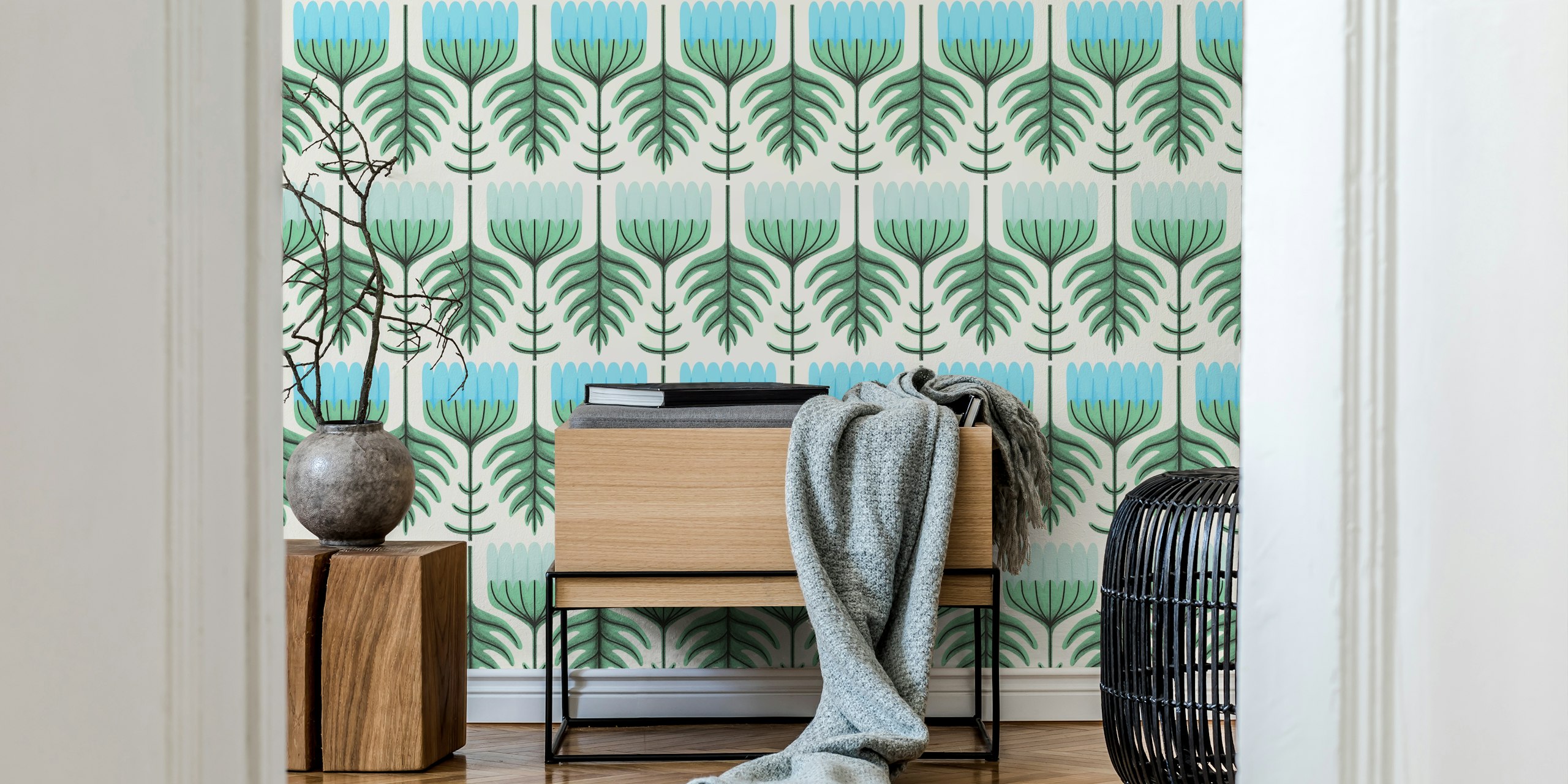 Retro floral wallpaper i et rumsmiljø