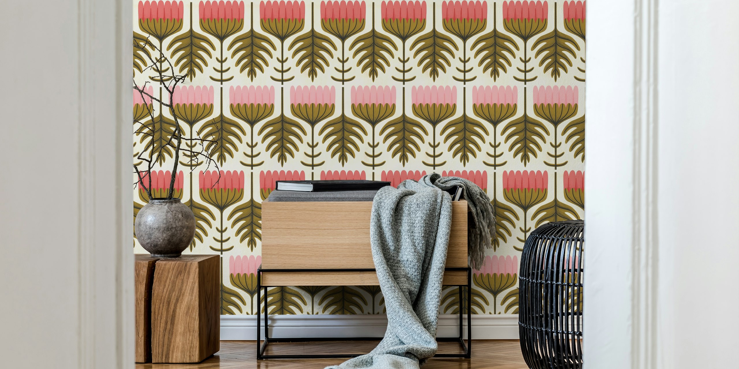 Retro pink floral wallpaper featuring bold blooms and green leaves