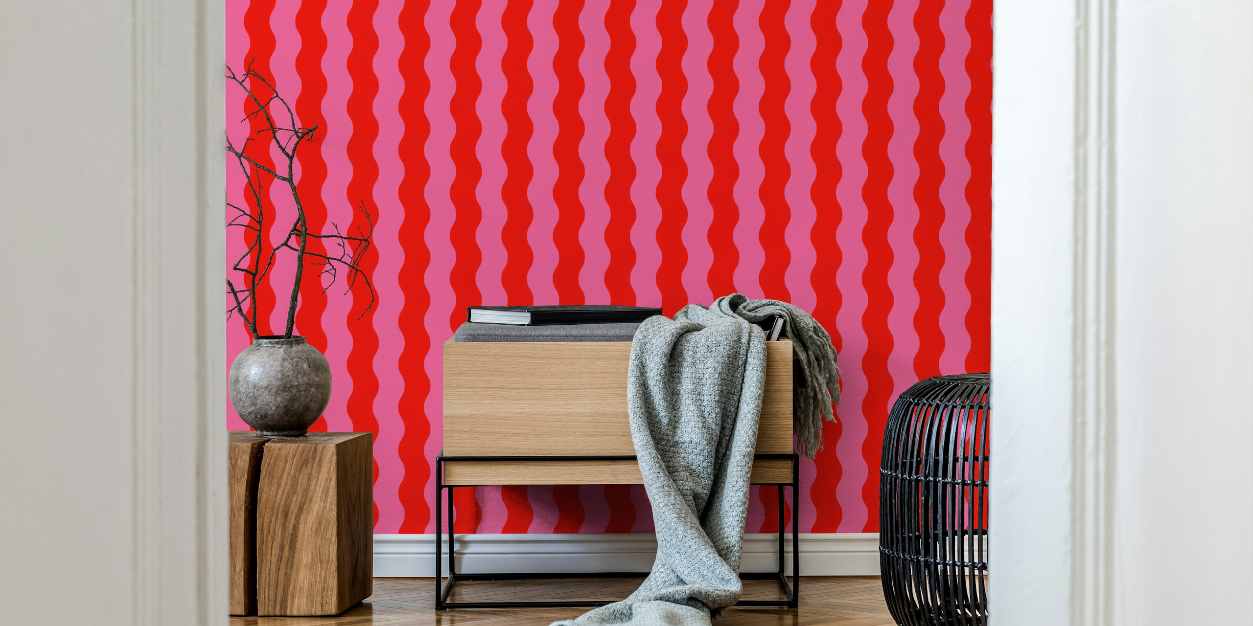Wavy pink and red stripes wallpaper in a room