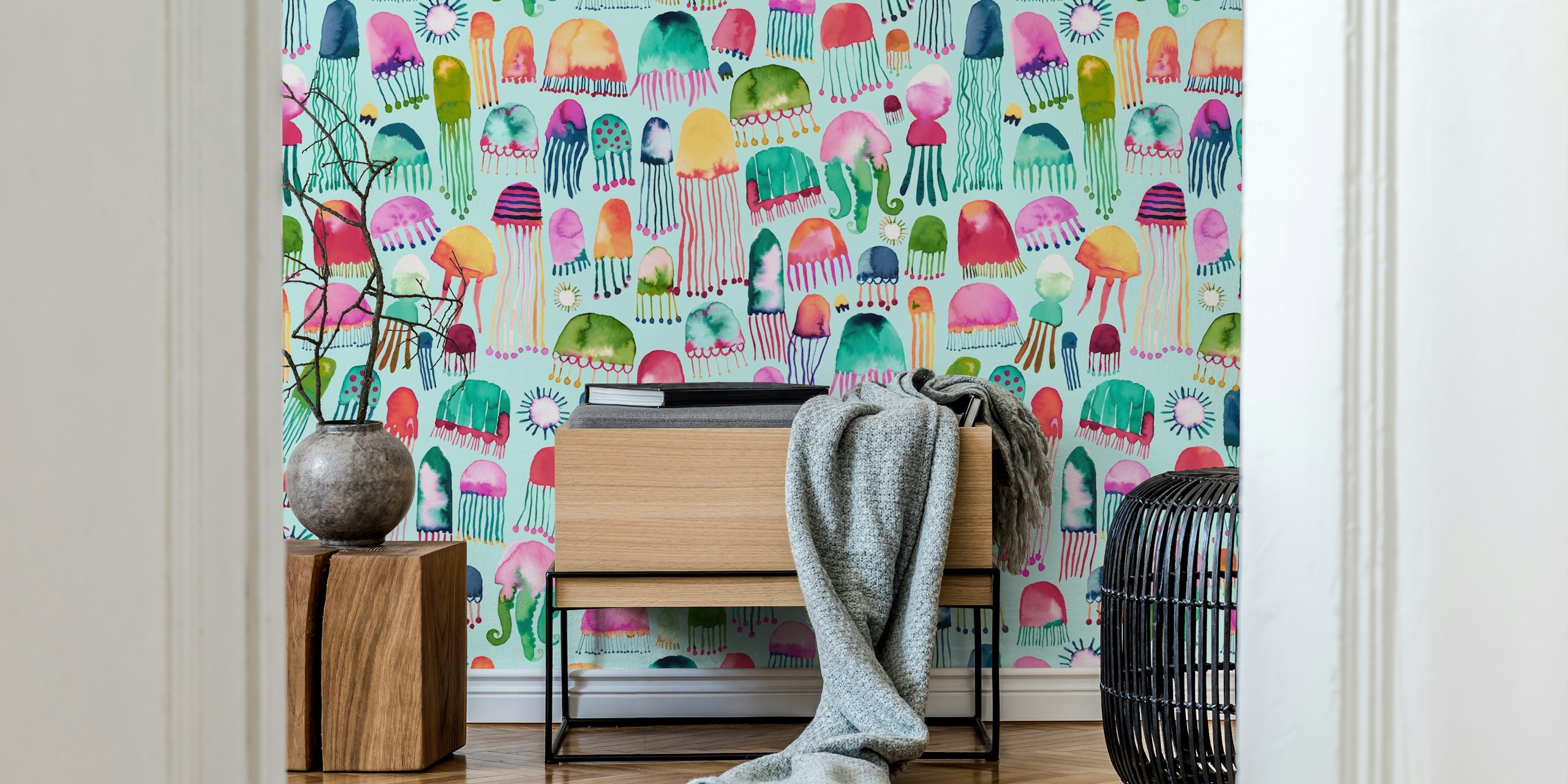 Bunte Quallen auf aqua Hintergrund, Wasserfarben Stil Tapete