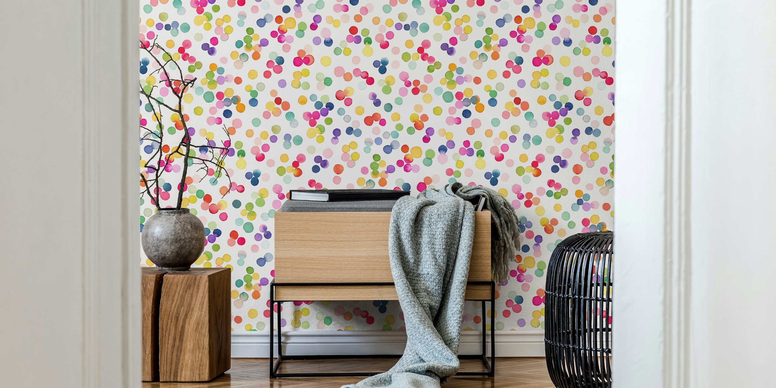 Colorful confetti wallpaper in a room