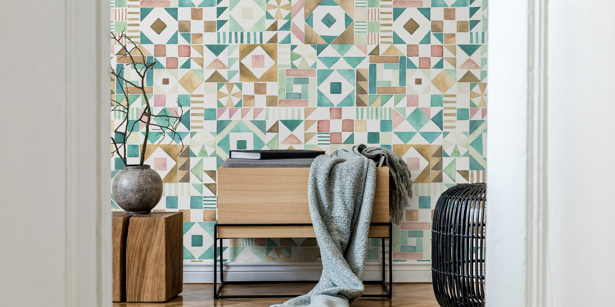 Geometric Mosaic Aqua and Blush wallpaper in a room