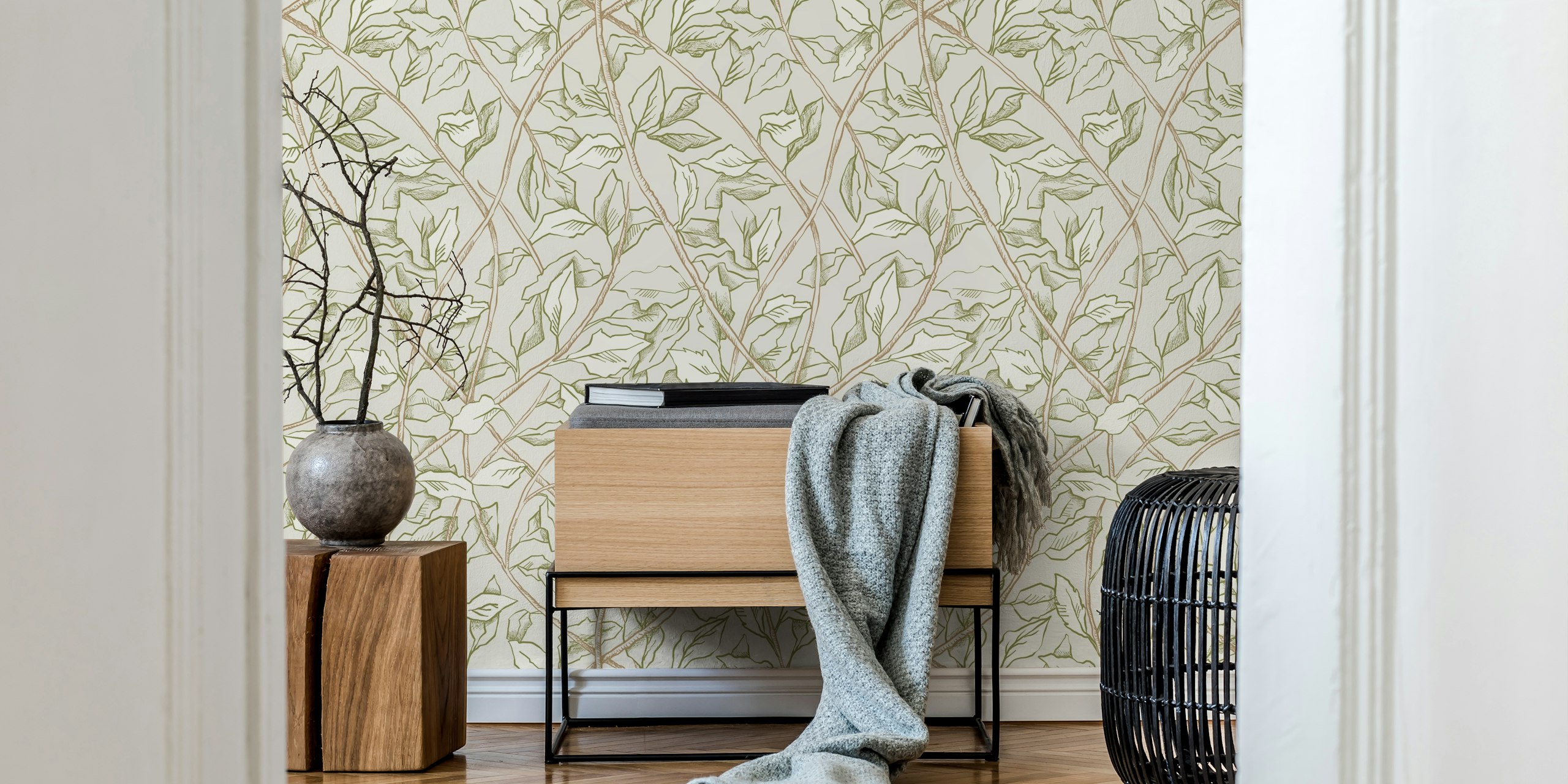 Botanical Leaf Tapestry wallpaper in a room