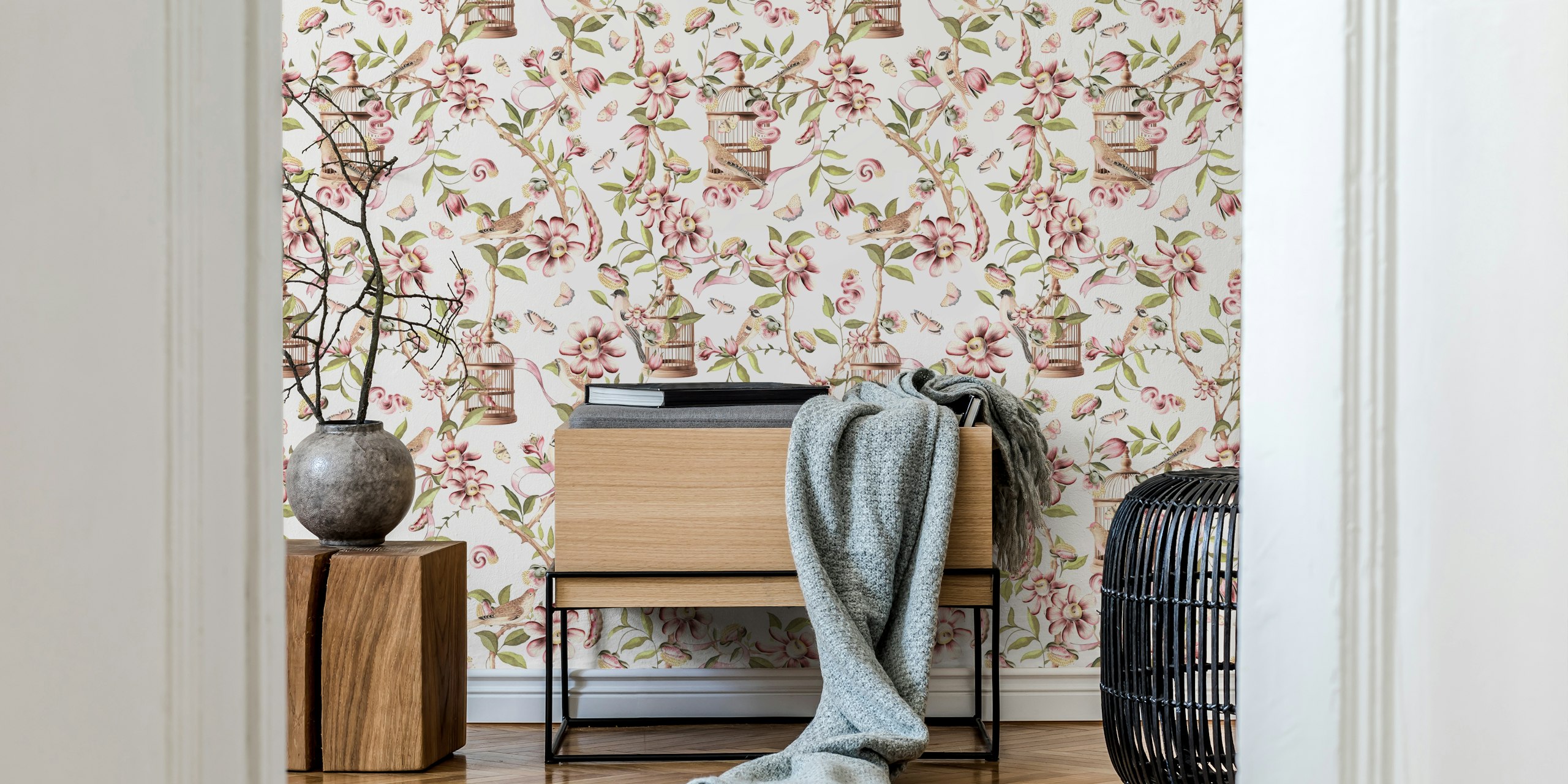 Chinoiserie bird and floral pattern, soft pink and green colors wallpaper