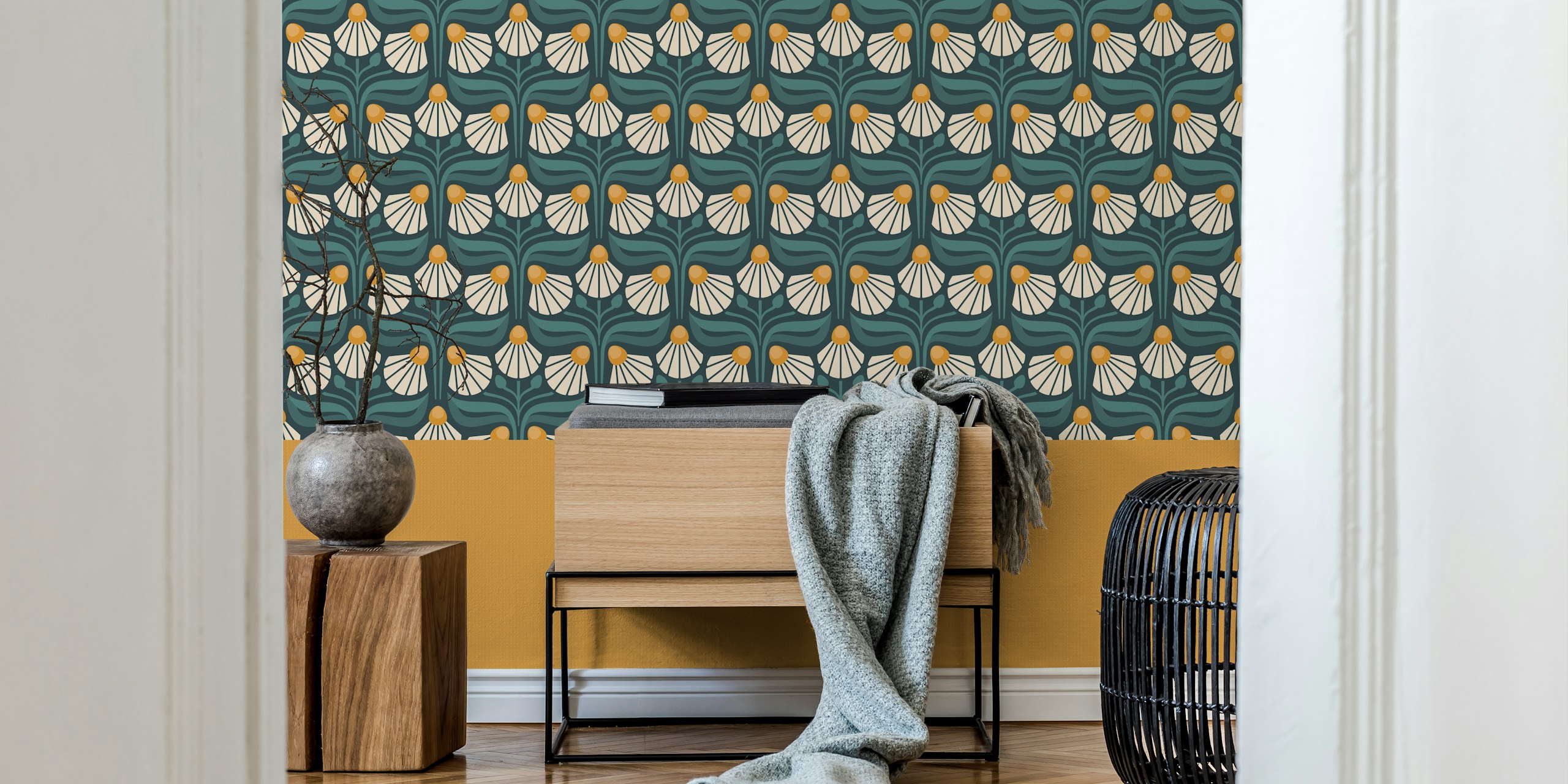 Majestic Vintage Blossoms in Green Cream tapetti