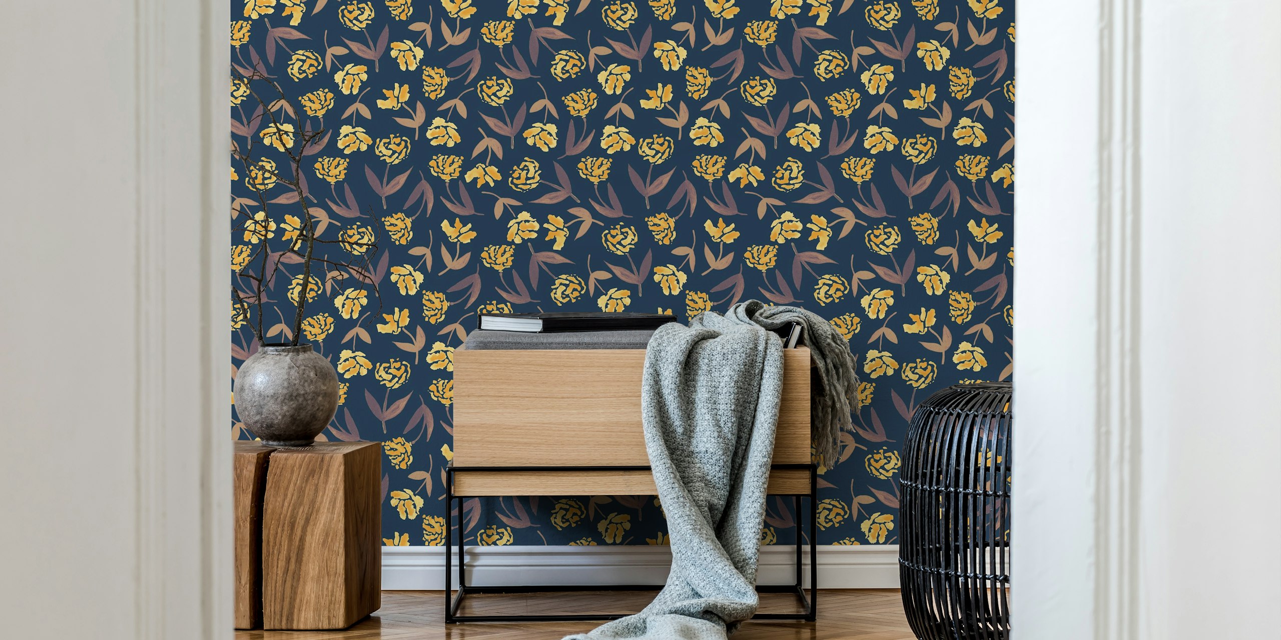 Midnight Boom moody floral wallpaper in a room