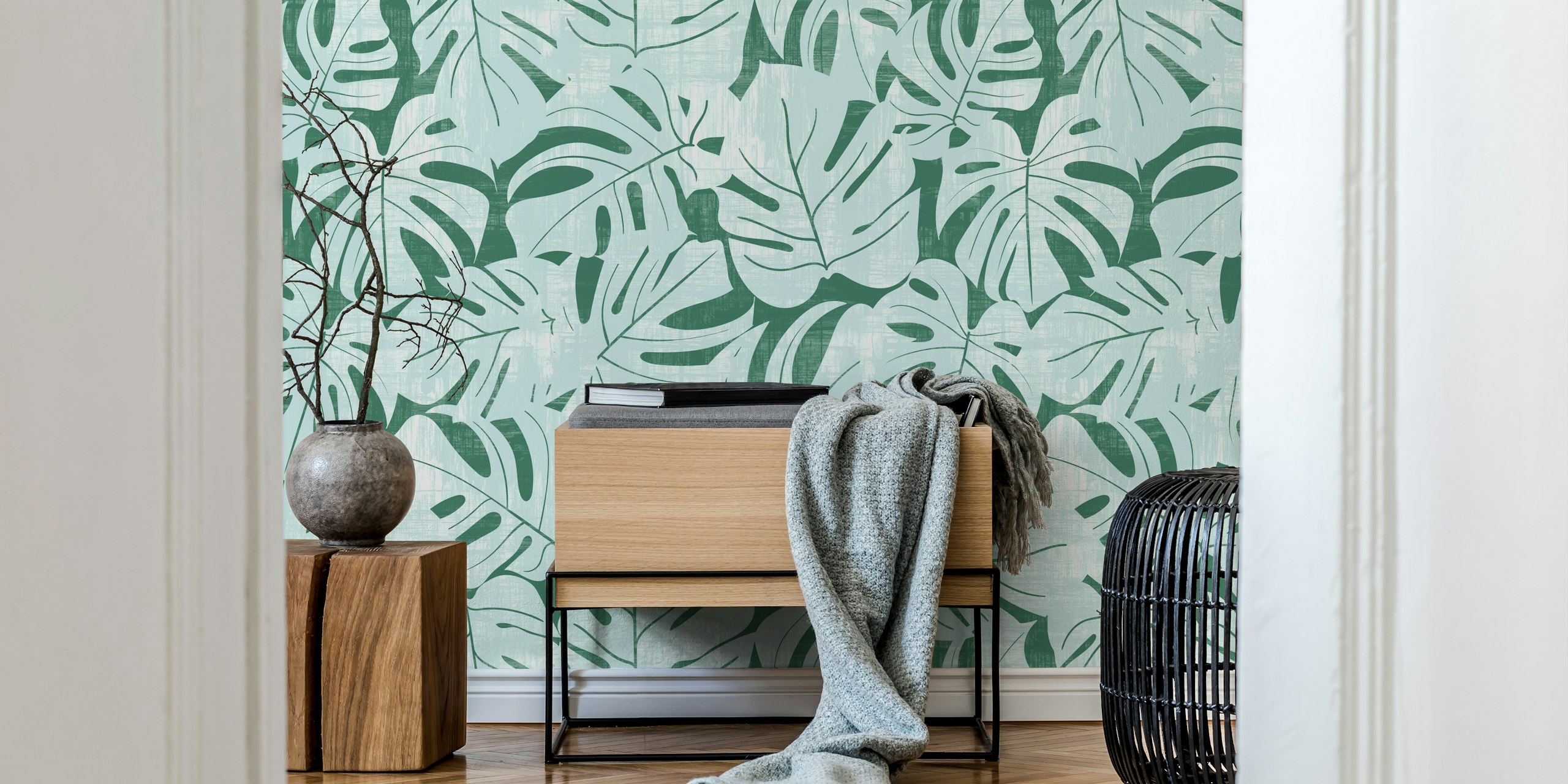 Jungle leaves wallpaper in Himmelblau und Tannenbaumgrün